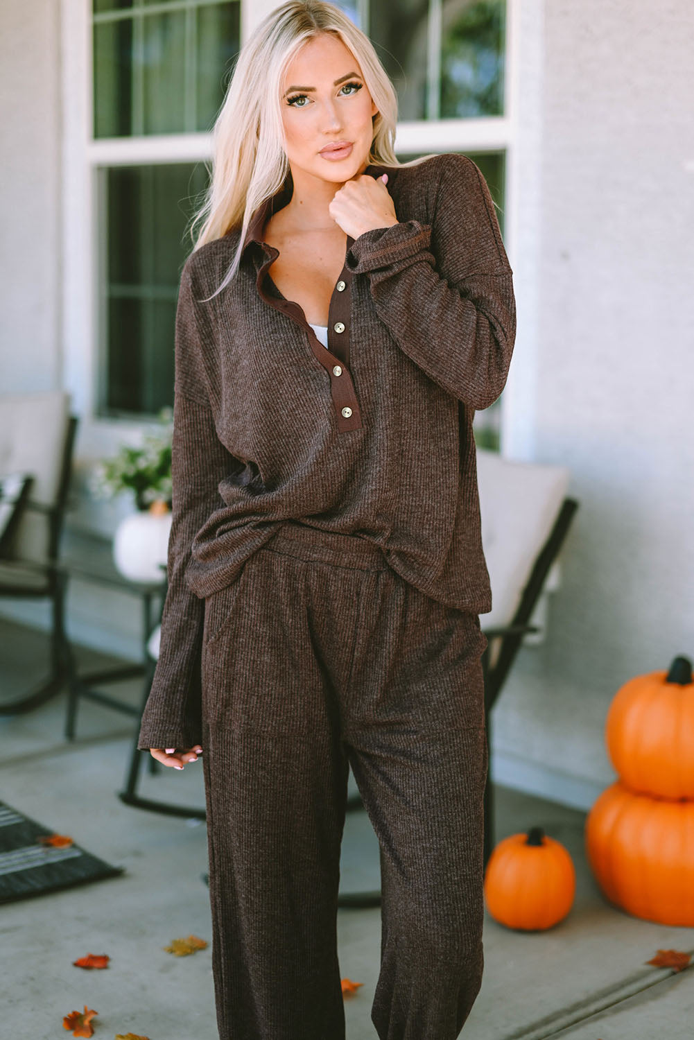 Rib-Knit Henley Knit Collared Top and Pants Lounge Outfit