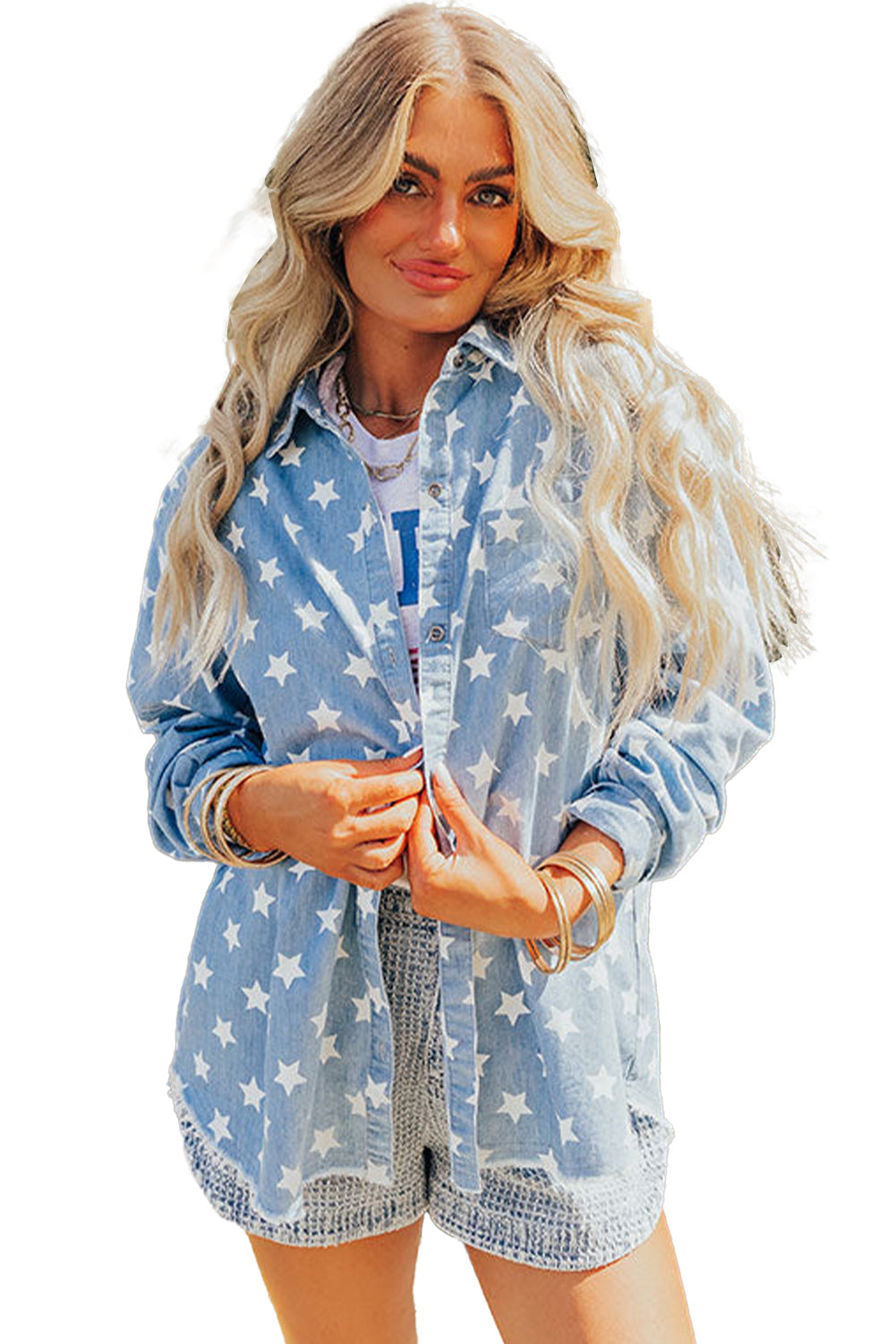 Star Pattern Light Wash Raw Hem Denim Jacket