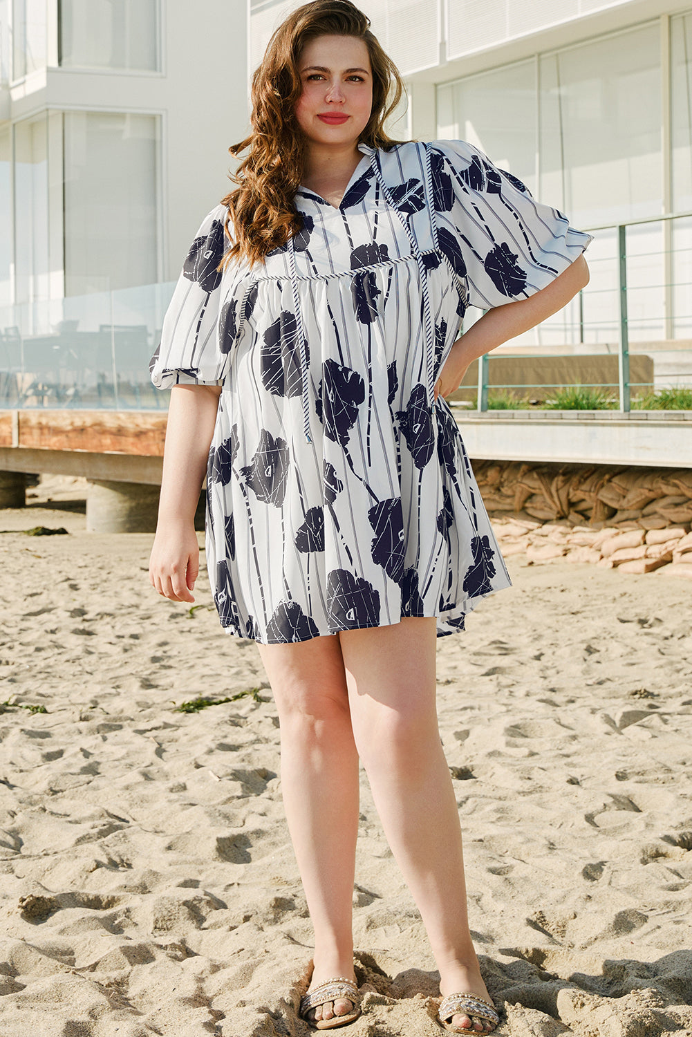 Plus Size Floral Lace-up Neck Mini Dress