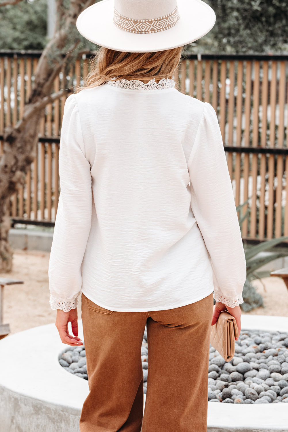 Lace Patchwork Button-Front Stand-Neck Loose Shirt