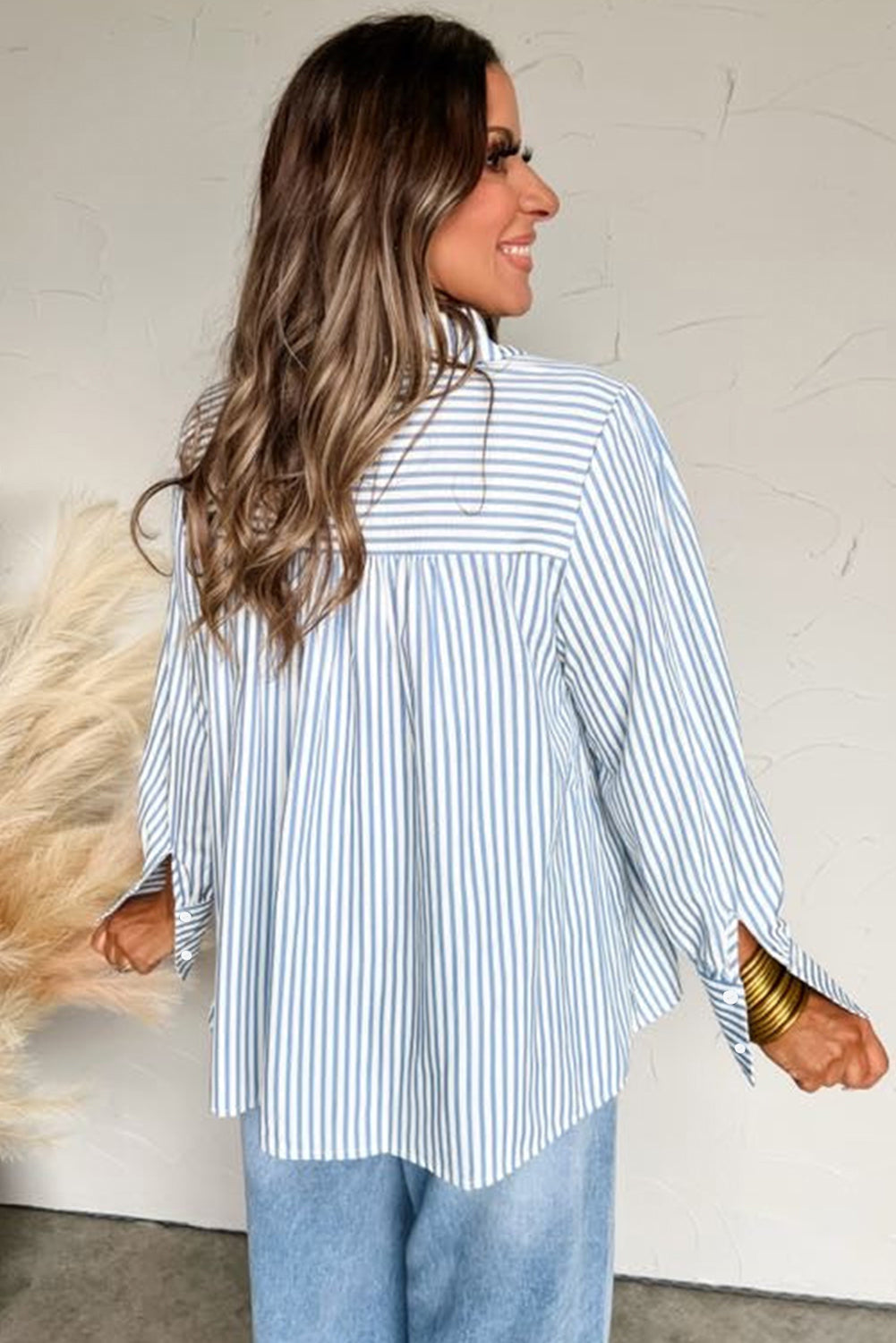 Shirred Placket Detail Half Collared Long-Sleeved Fall Shirt