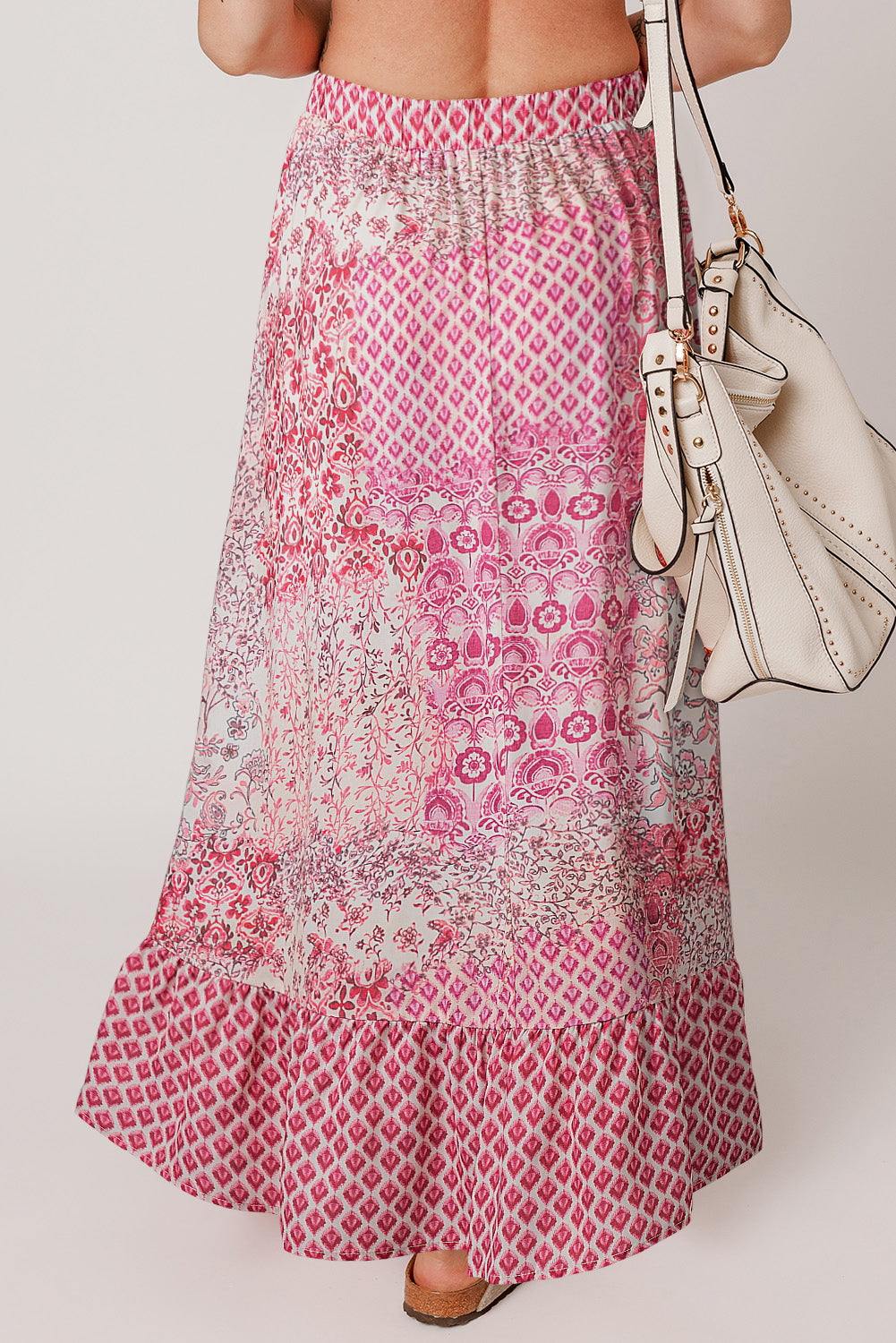 Boho Tassel Pattern Print Drawcord Elastic Waistband Maxi Skirt in Red