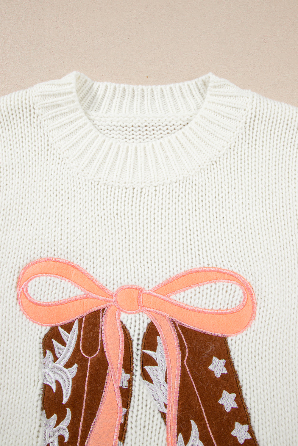 Embroidered Graphic Bow Boots Drop-Shoulder Knit Top
