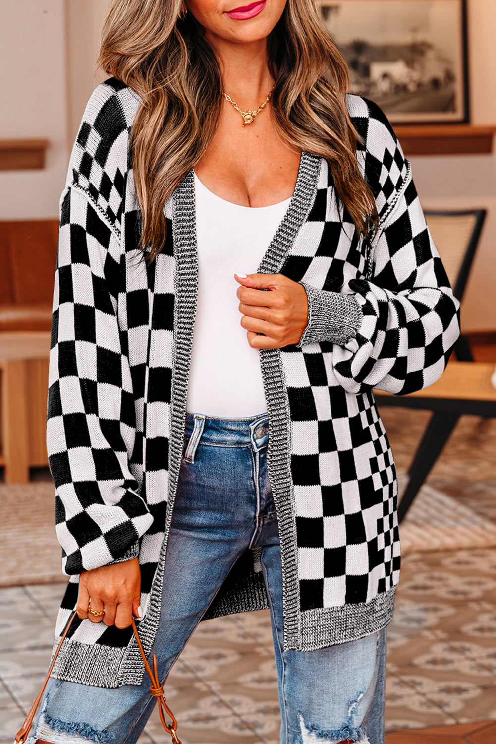 Checkered Open-Front Drop-Shoulder Cardigan in Black