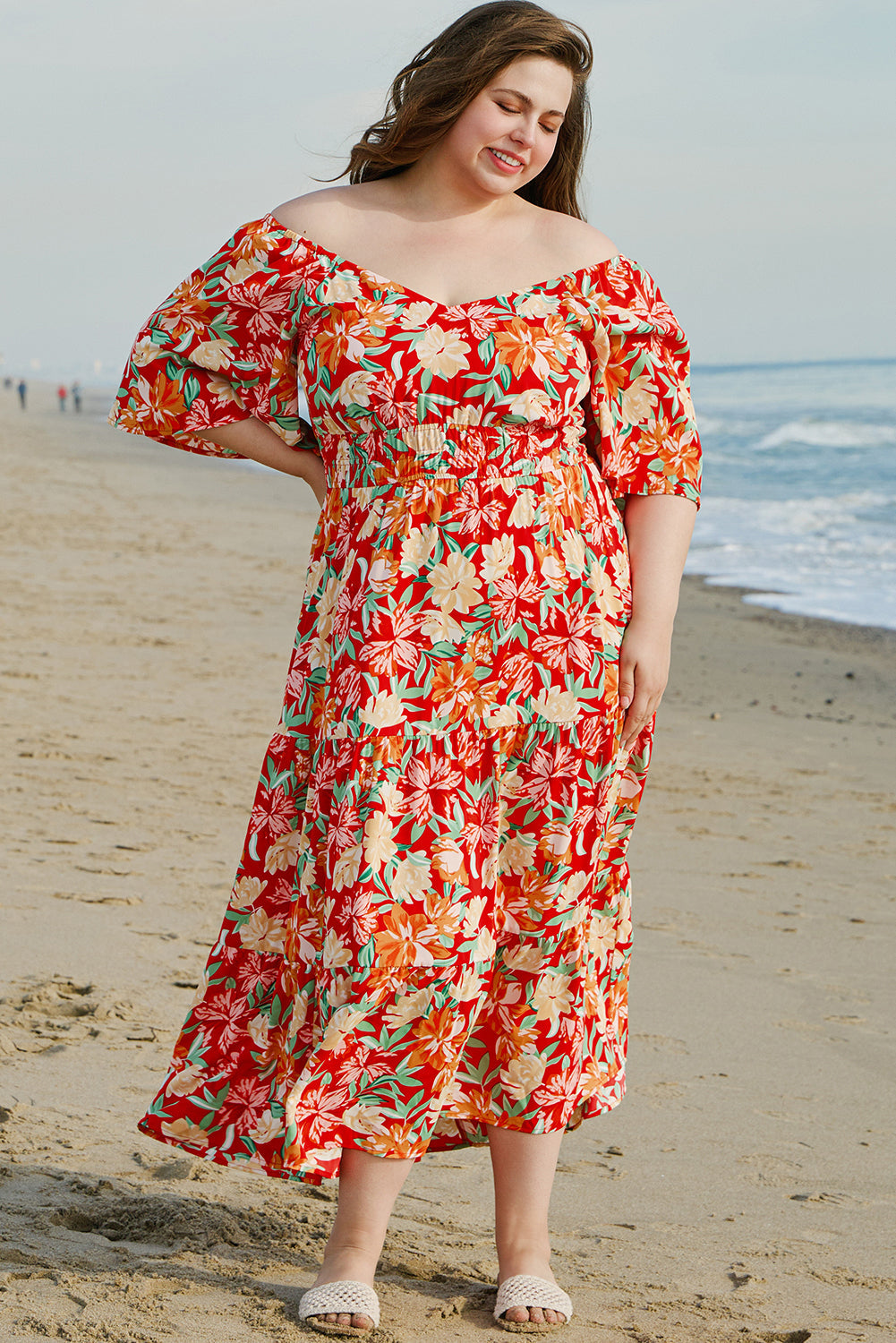 Floral Cinched Waist Long Plus Size Dress
