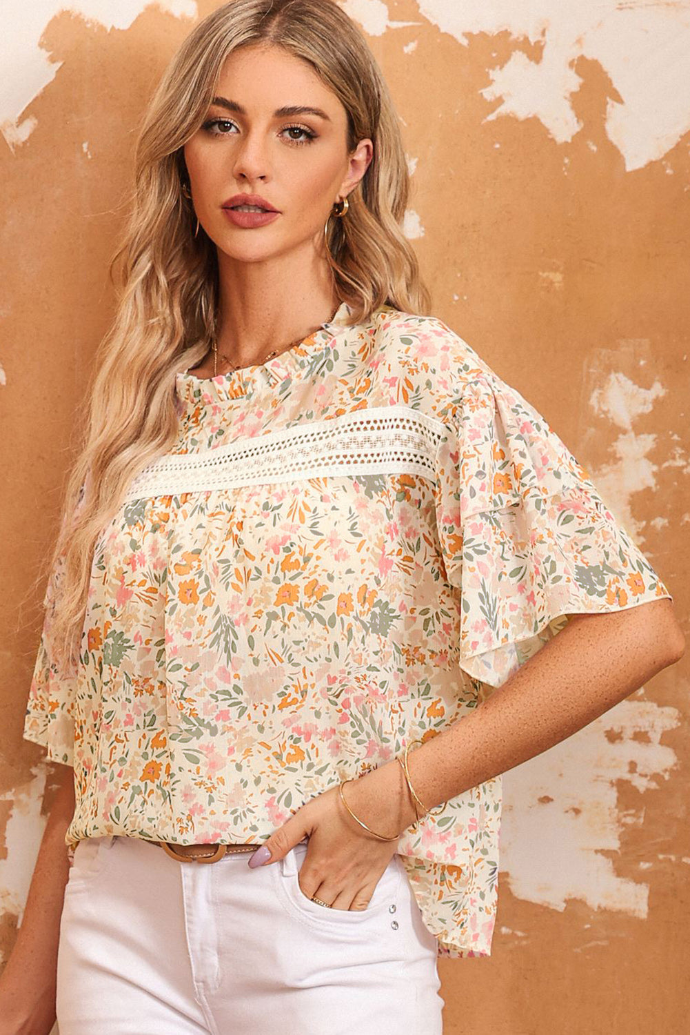 Women's Floral-Print Print Wide Ruffle-Trimmed Blouse