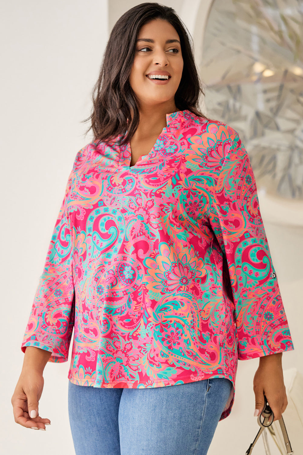Women's Plus Size Paisley Print V Neck Roll Tab Sleeve Blouse