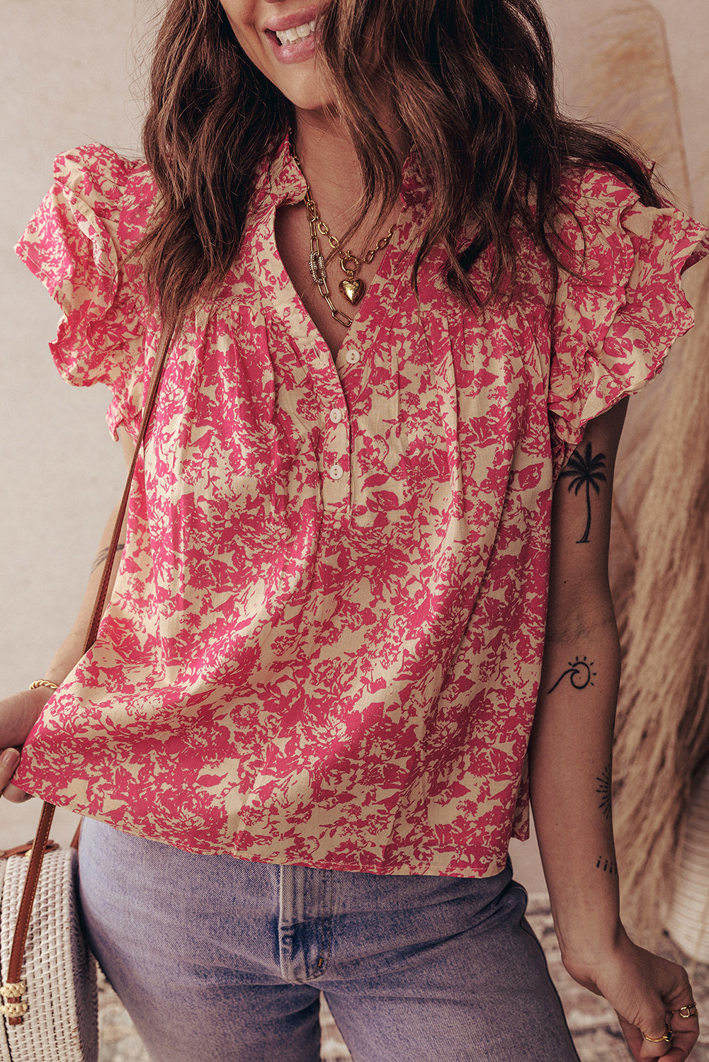 Half Allover Printed Button Neck Ruffle Sleeve Blouse