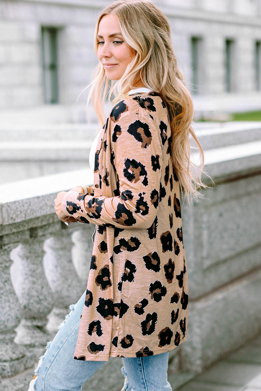 Women's Cardigan with Open Front Leopard-Print Printed