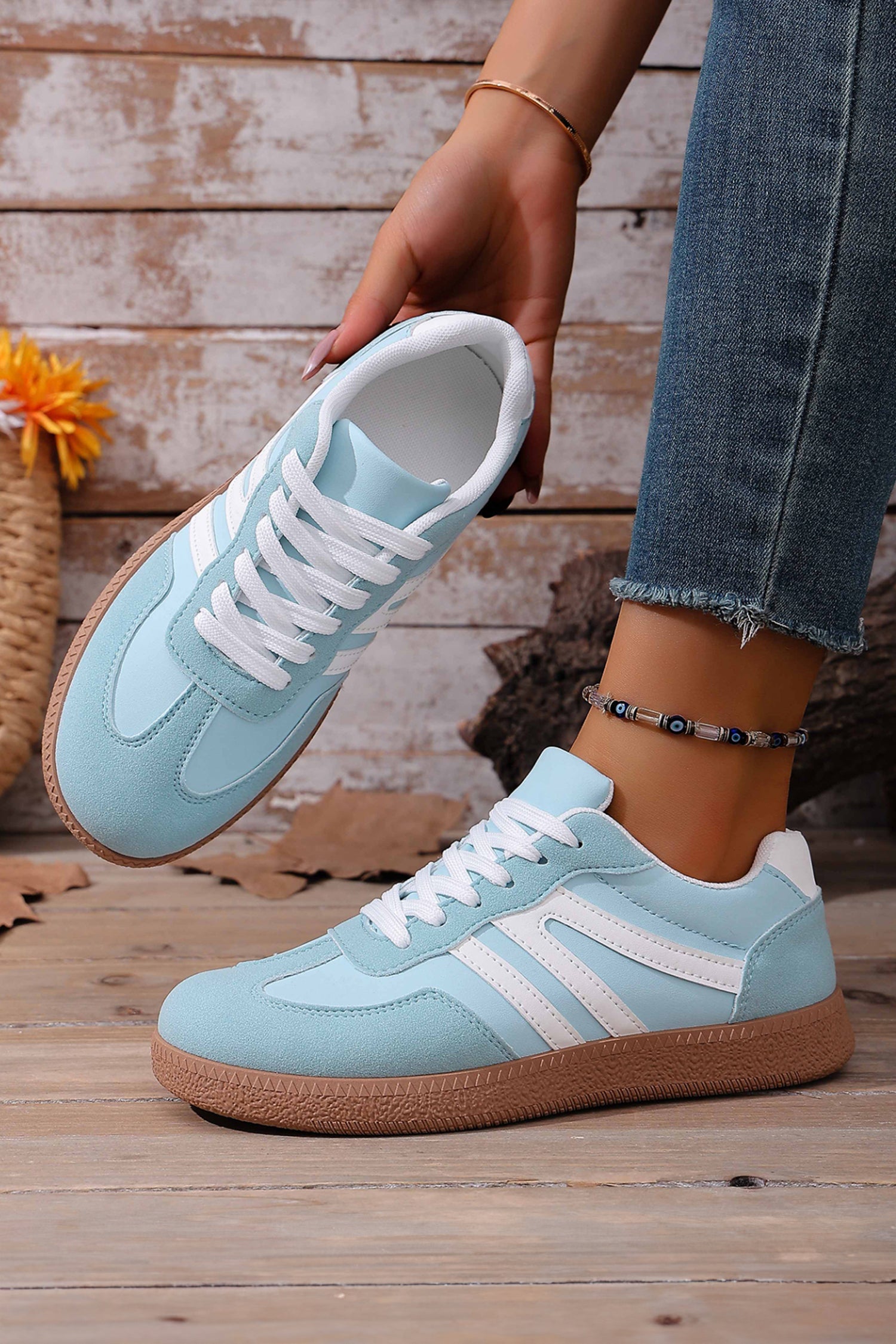 Dusk Blue Faux Suede PU Leather Colorblock Patchwork Lace-up Shoes
