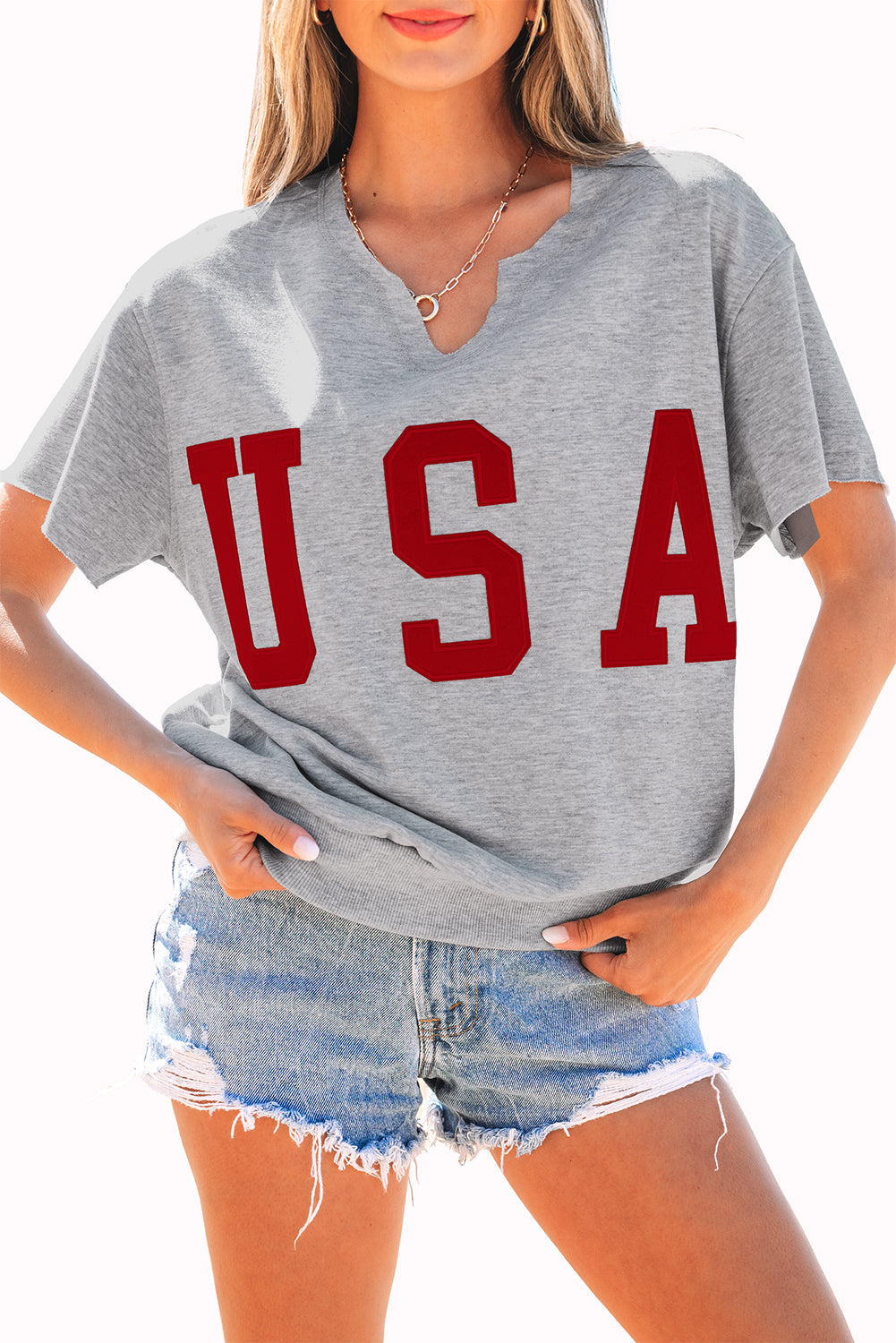 Gray USA Lettering Patch Notched Neck Loose Tee