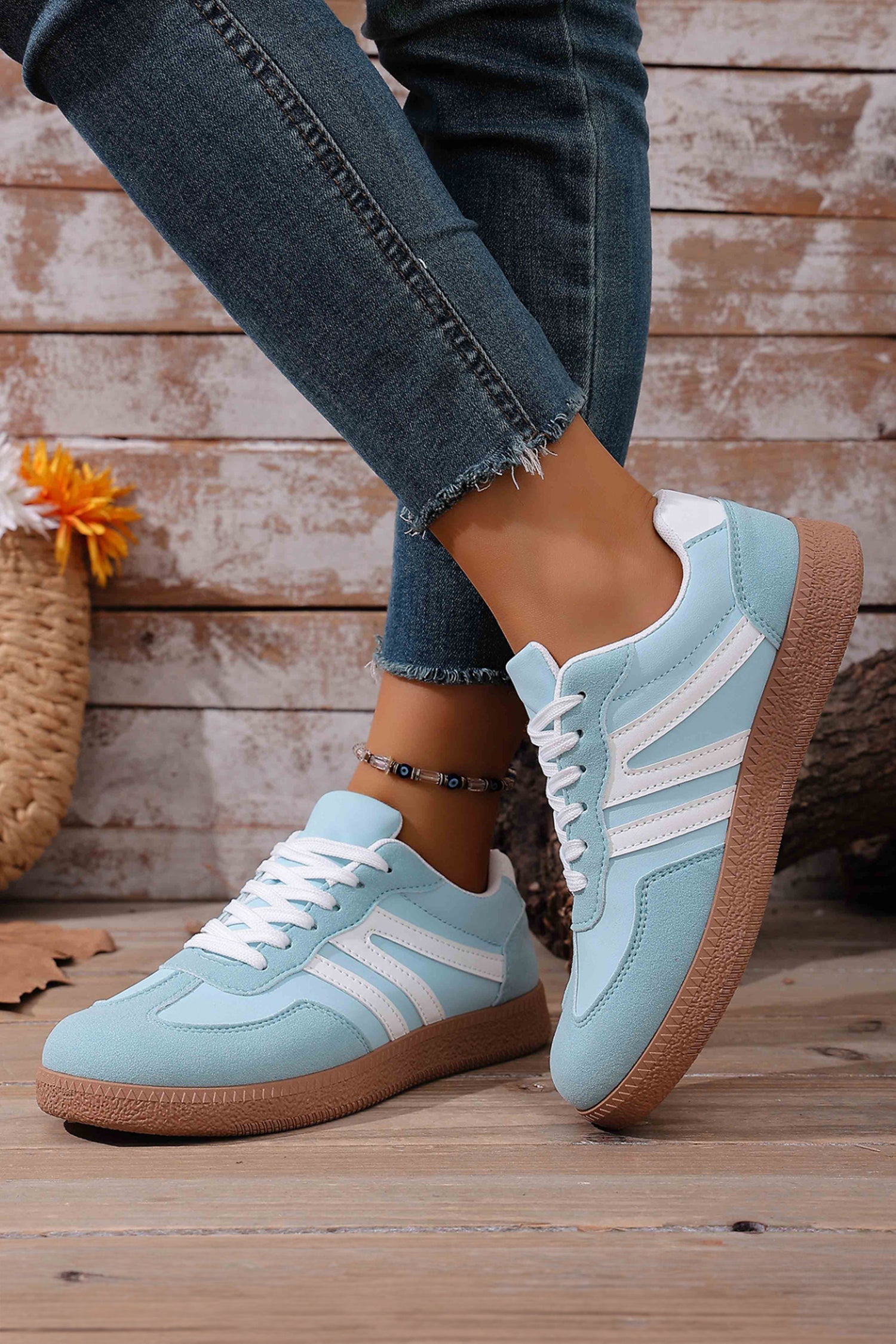 Dusk Blue Faux Suede PU Leather Colorblock Patchwork Lace-up Shoes