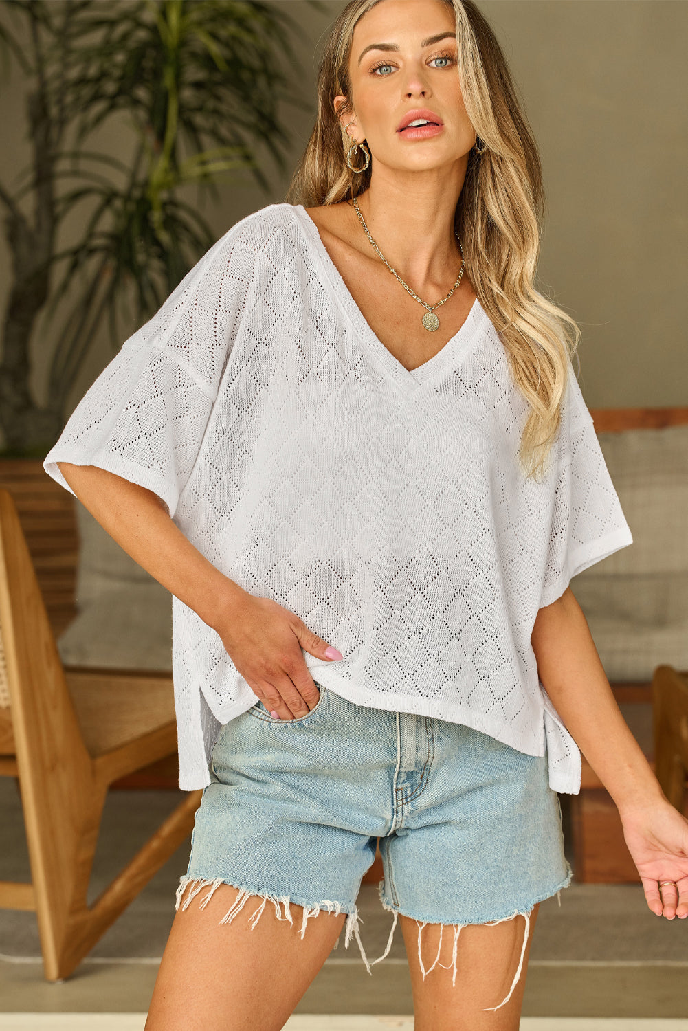Blouse for Women V Neck Knitted Flowy