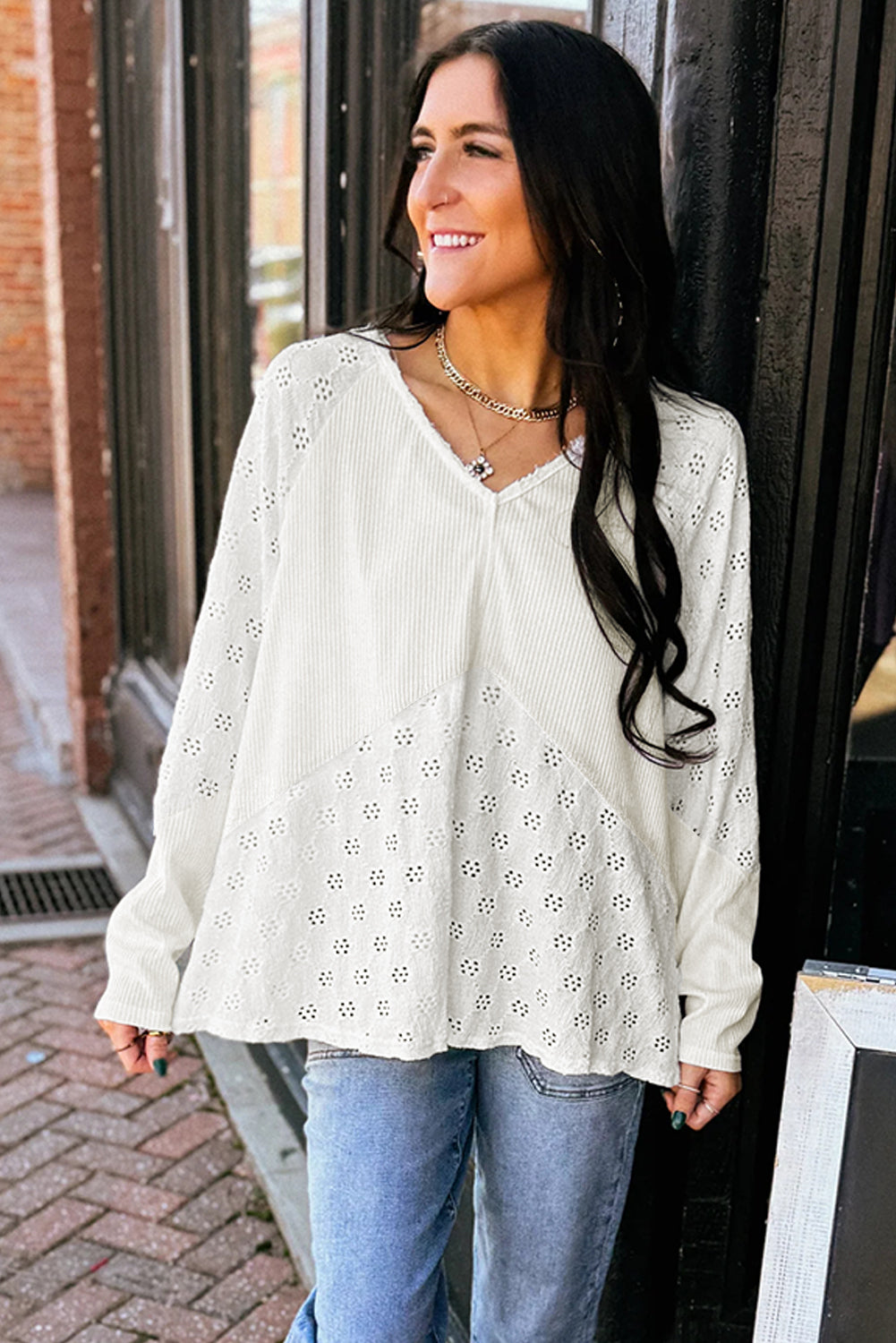 Twisted Embroidered Rib Patchwork Loose V-Neck Long-Sleeved Top