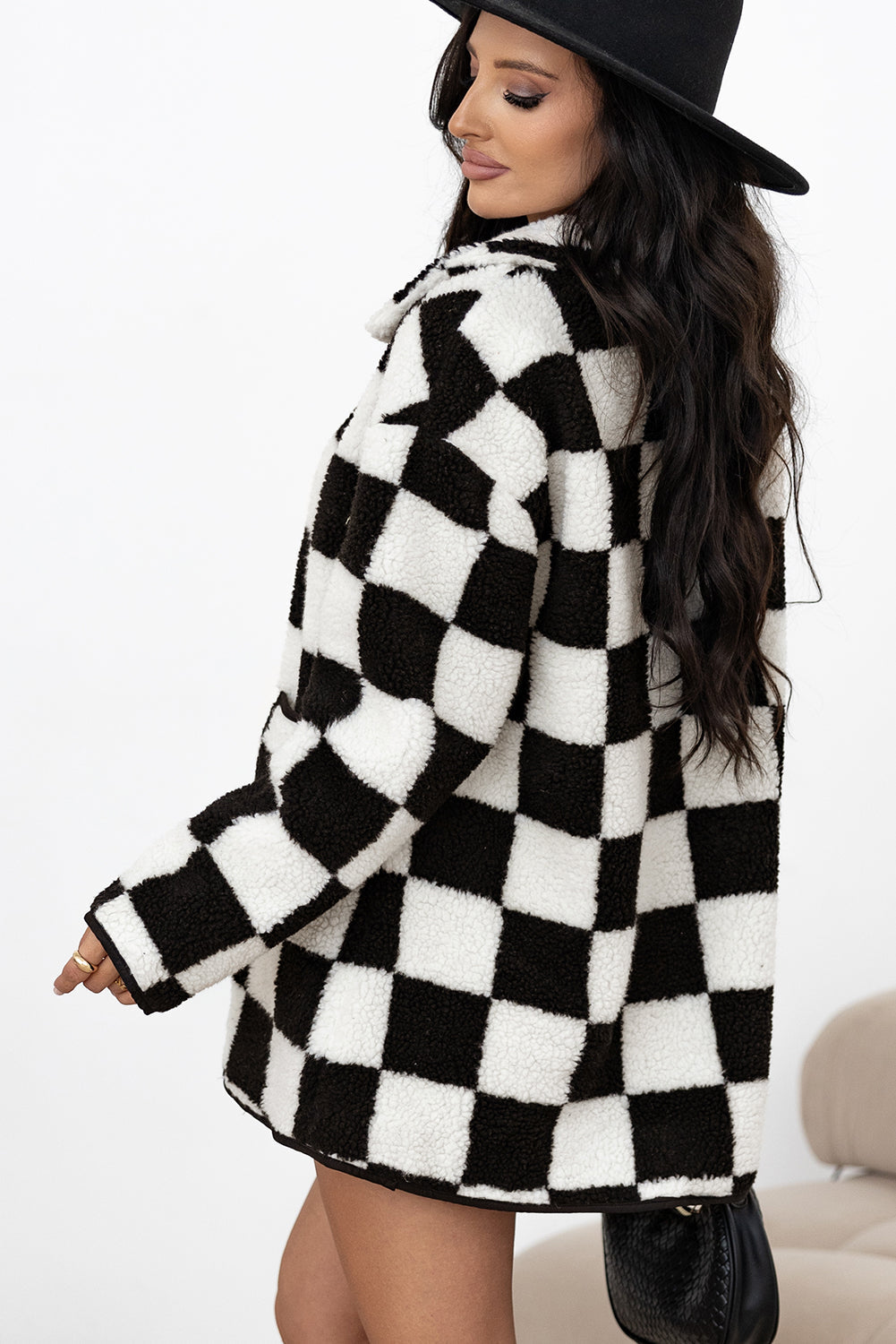 Checkered Side Pockets Fleece Jacket