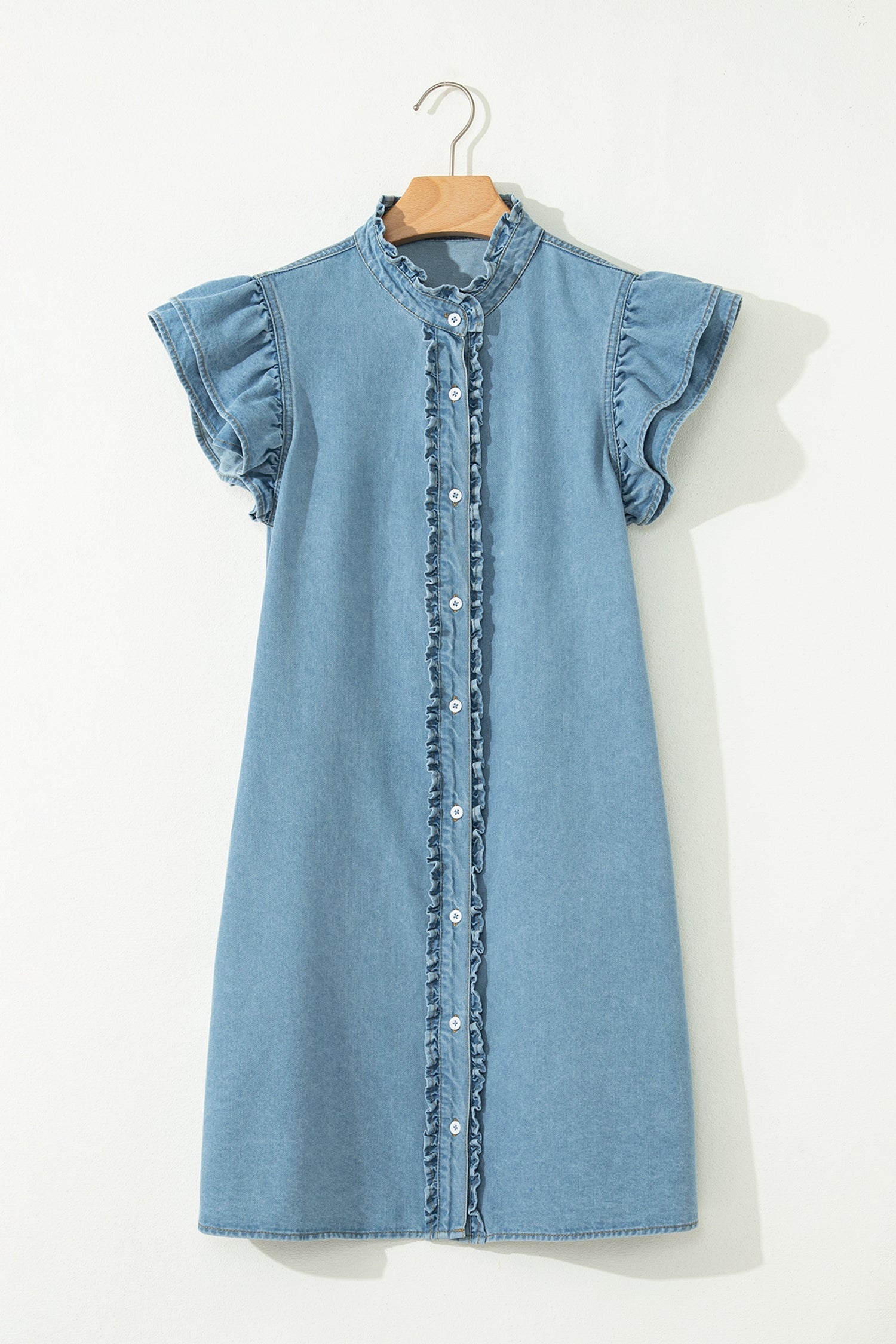 Frilled Down Detail Button Ruffle Short-Sleeved Denim Mini Dress