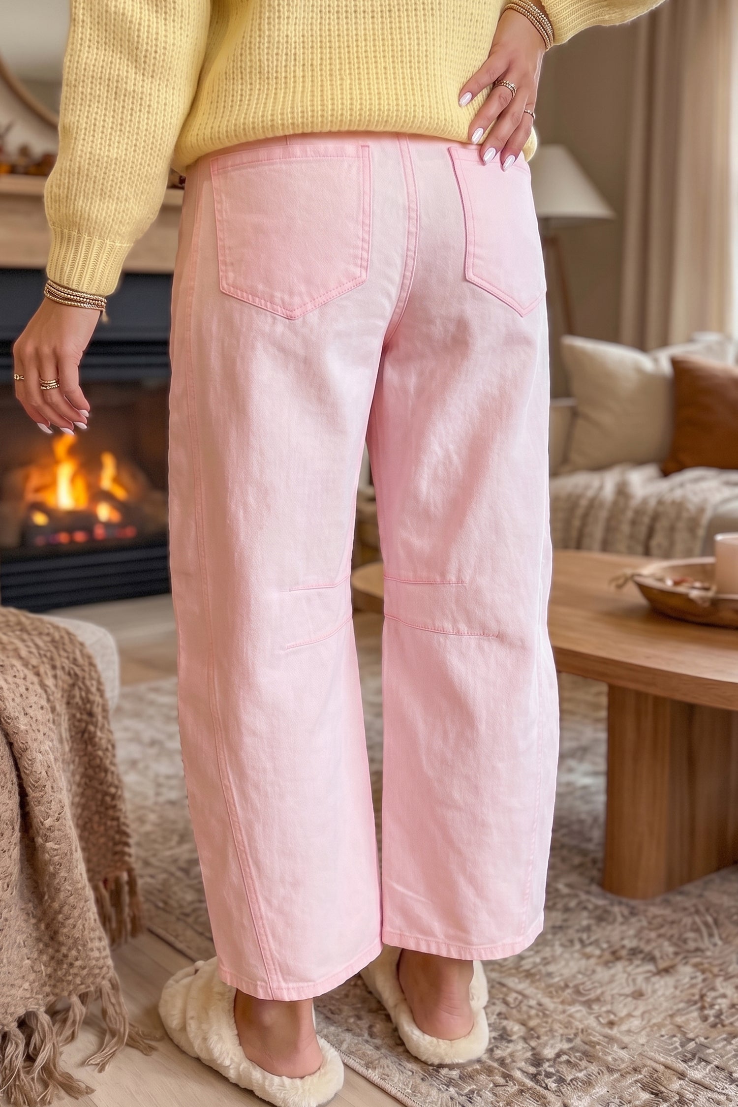 Grommet Detail Solid Detail Knot Waist Barrel Jeans in Light Pink