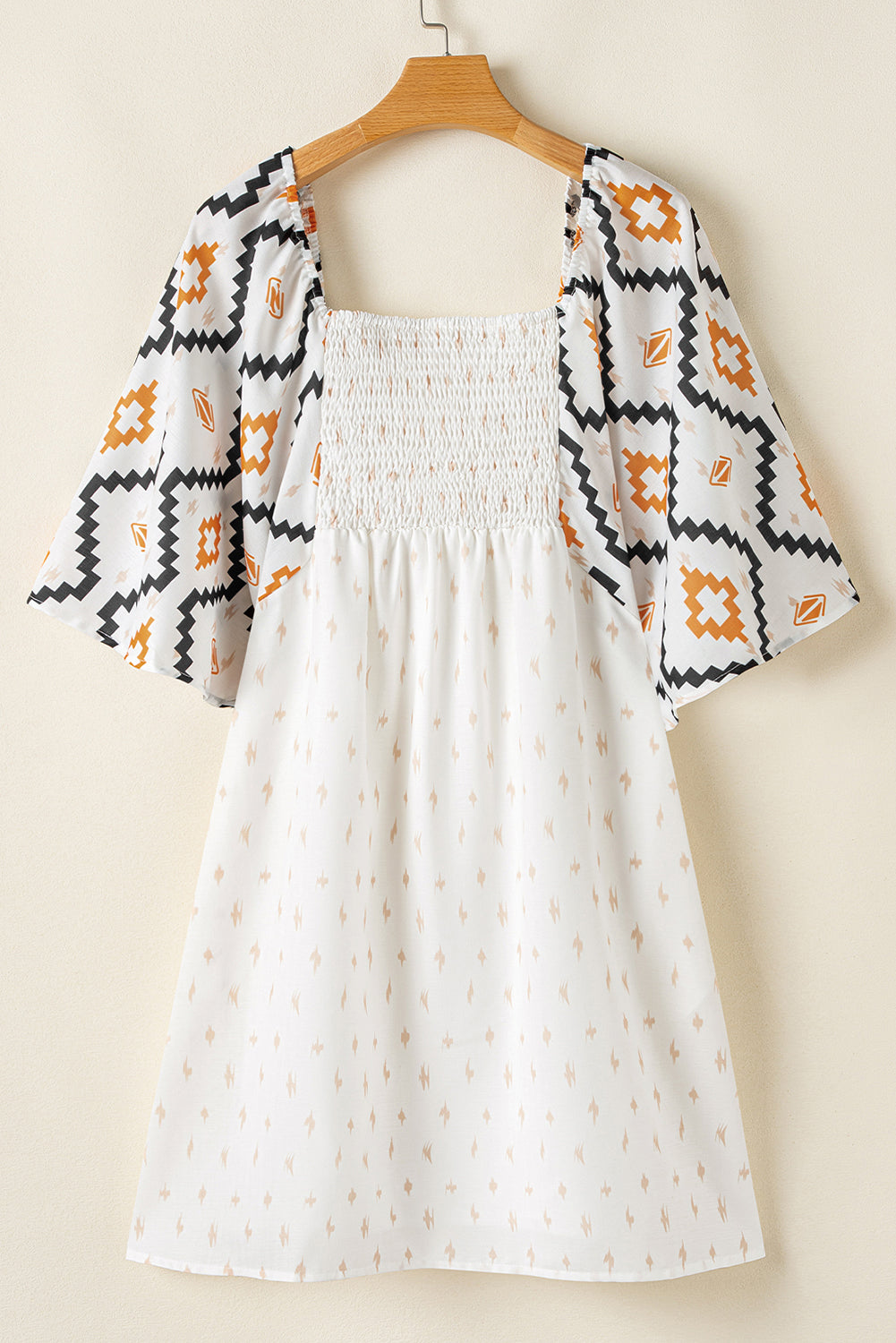 Beige Western Aztec Print Pleated Square Neck Mini Dress