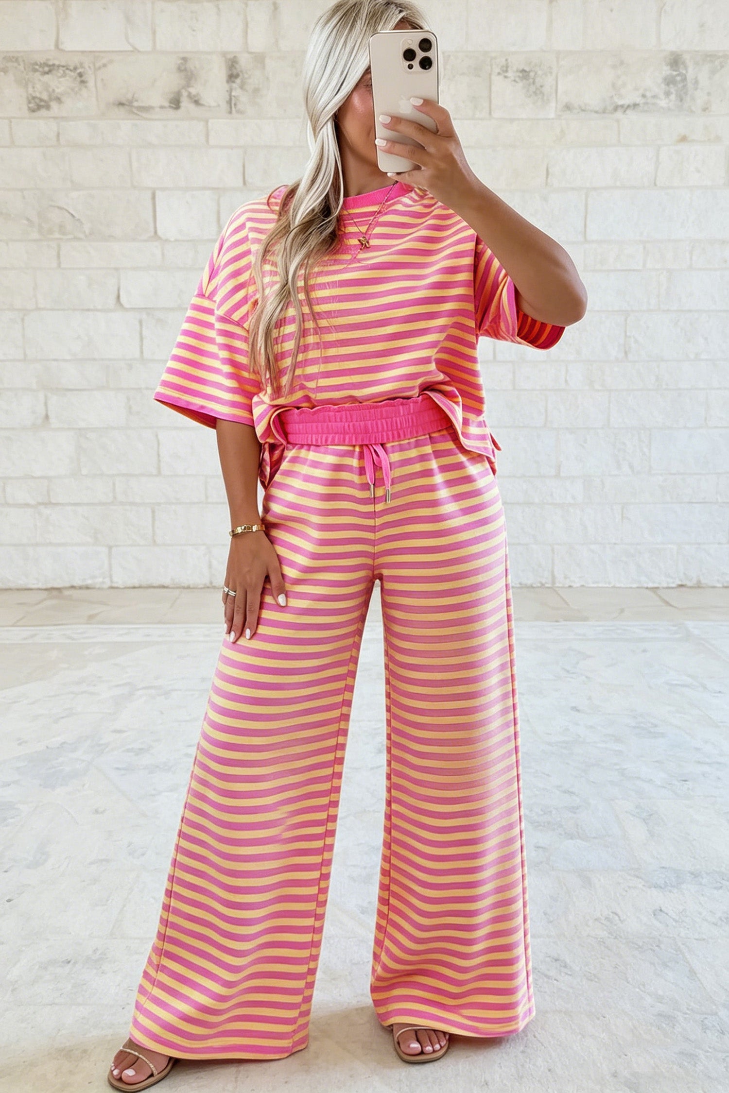 Stripe Colorblock Trim Crew-Neck Loose Tee Drawcord Elastic Waist 2pcs Pant Set in Pink