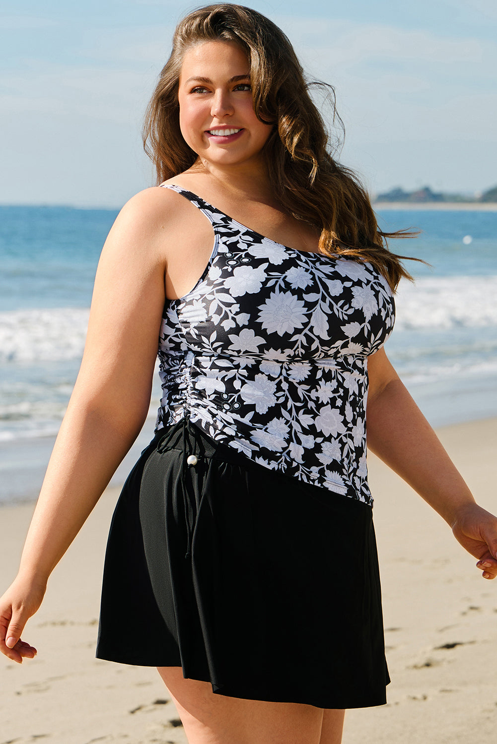 Plus Size Black Printed Ruffled Tankini Set