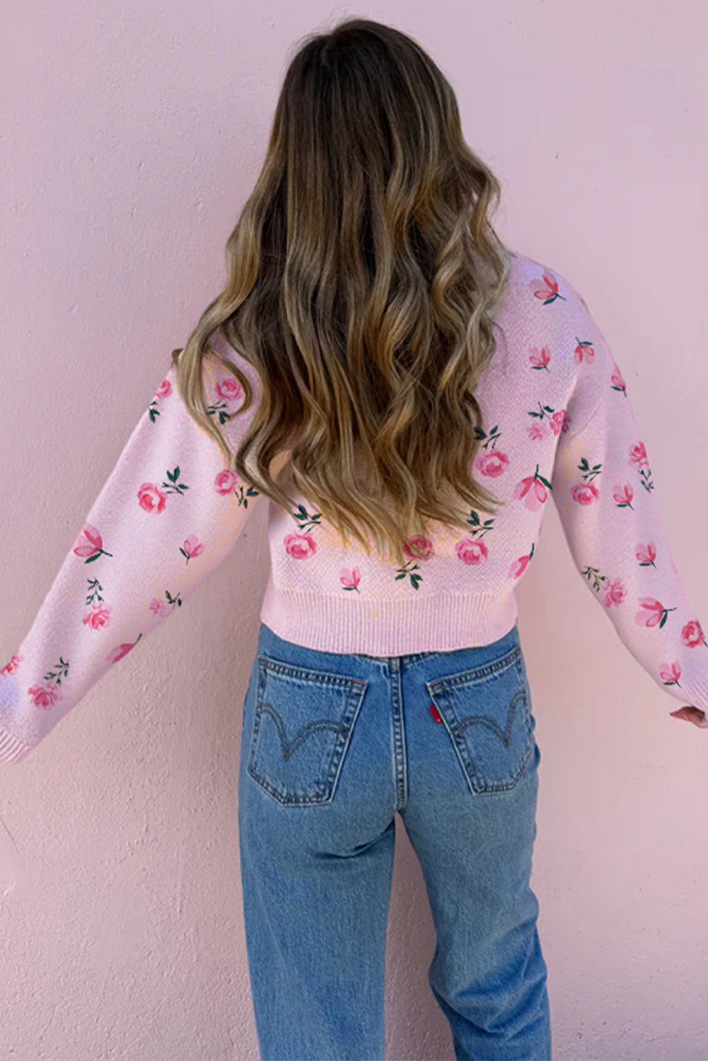 Drop-Shoulder Sweet Floral-Print Cropped Knit Top