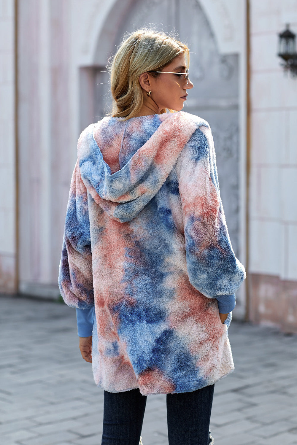 Coat for Women Dye Soft Fleece Hooded Open Front Womens Blue Orange Tie