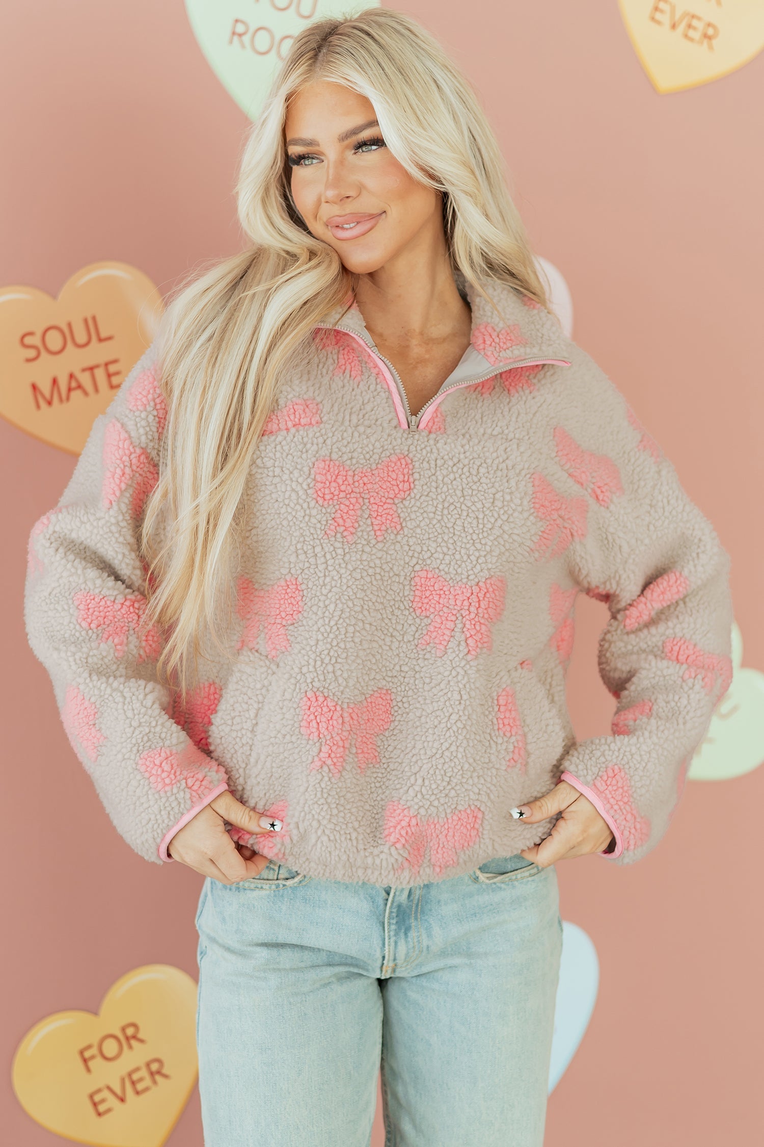 Sherpa Quarter Bow Quarter Zip Drop-Shoulder Baggy Sweatshirt