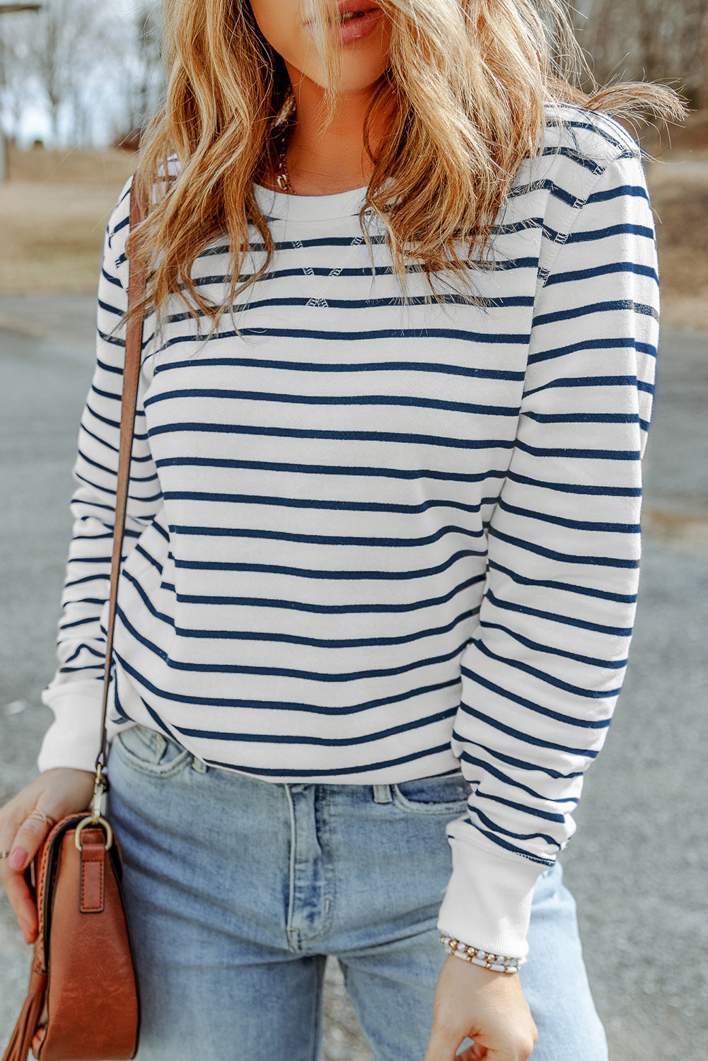 Women's Top with Striped Rib-Knitted Trim Long-Sleeve