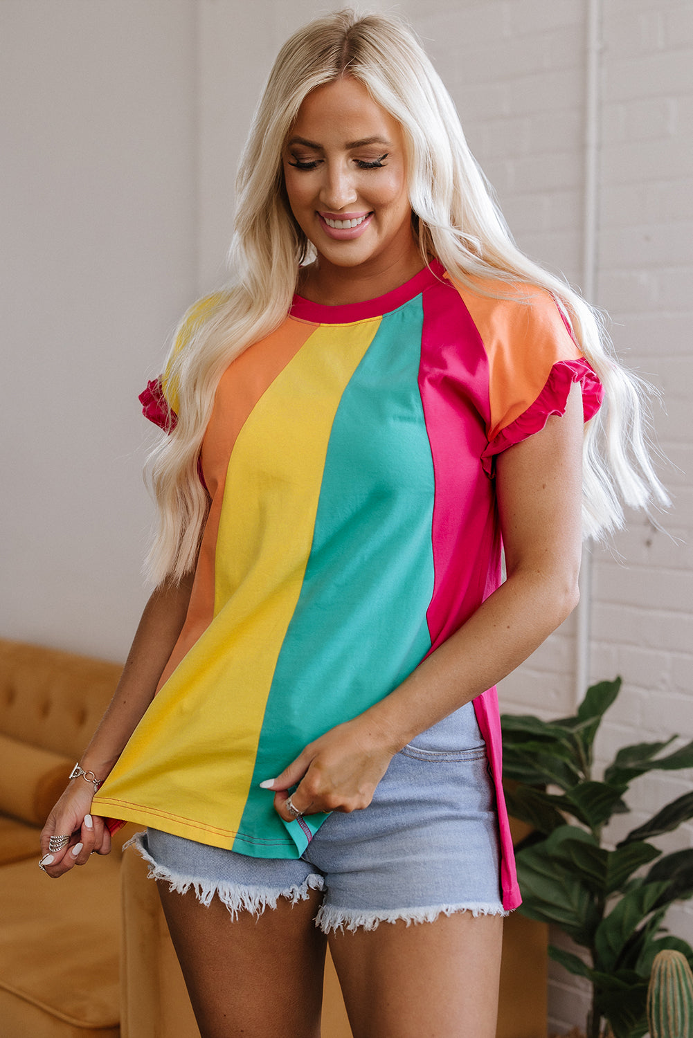 Color Block Ruffled Crew Neck Loose Fit T Shirt