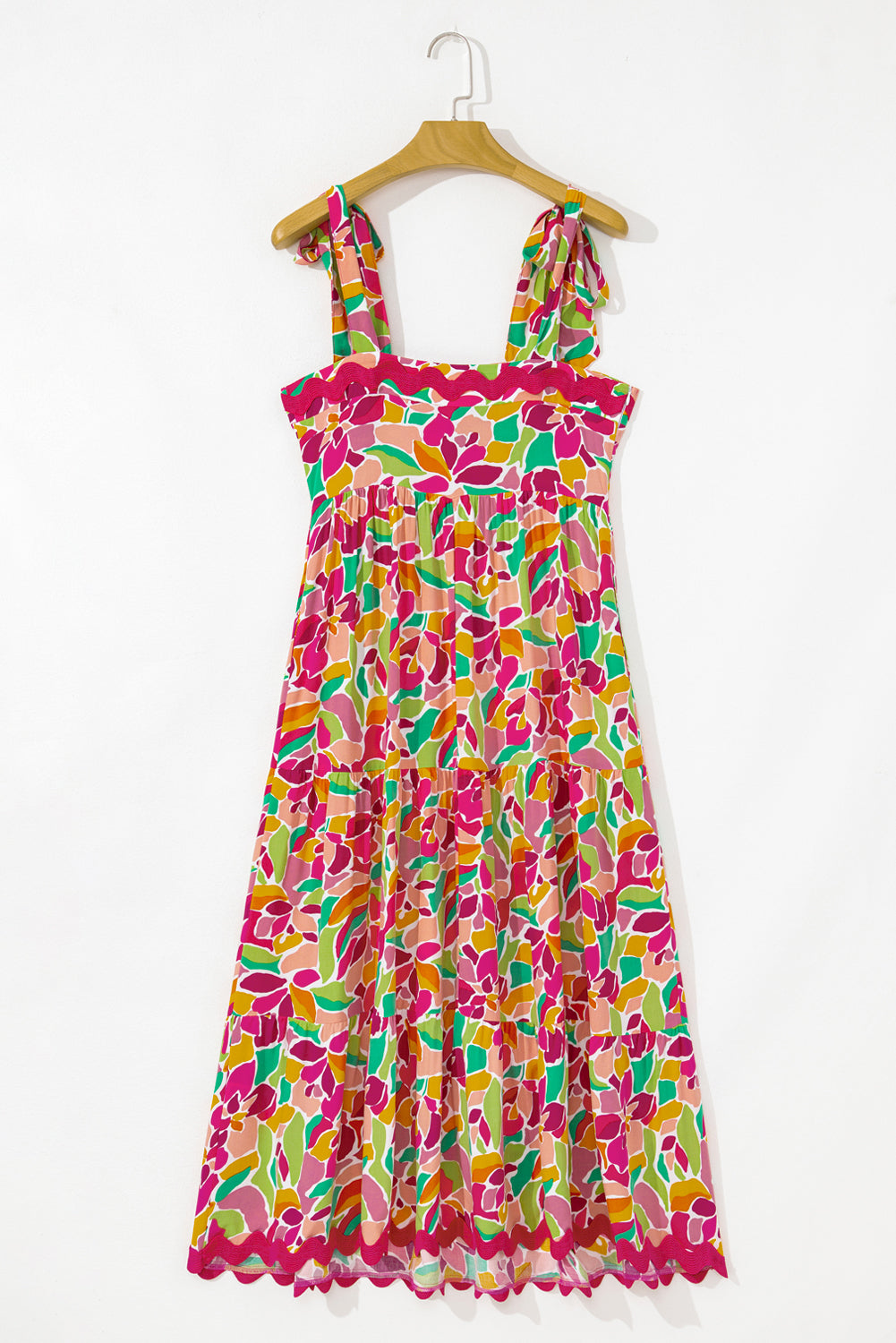 Floral Tied Straps Ricrac Trim Maxi Dress