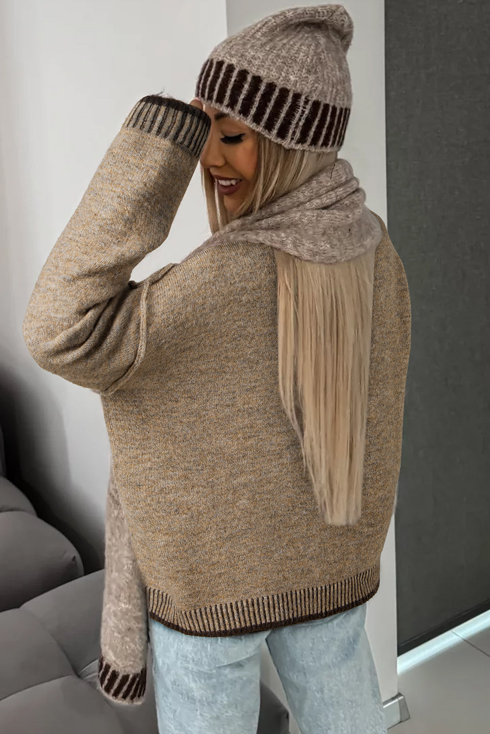 Contrast Trim Mock Neck Drop Shoulder Sweater