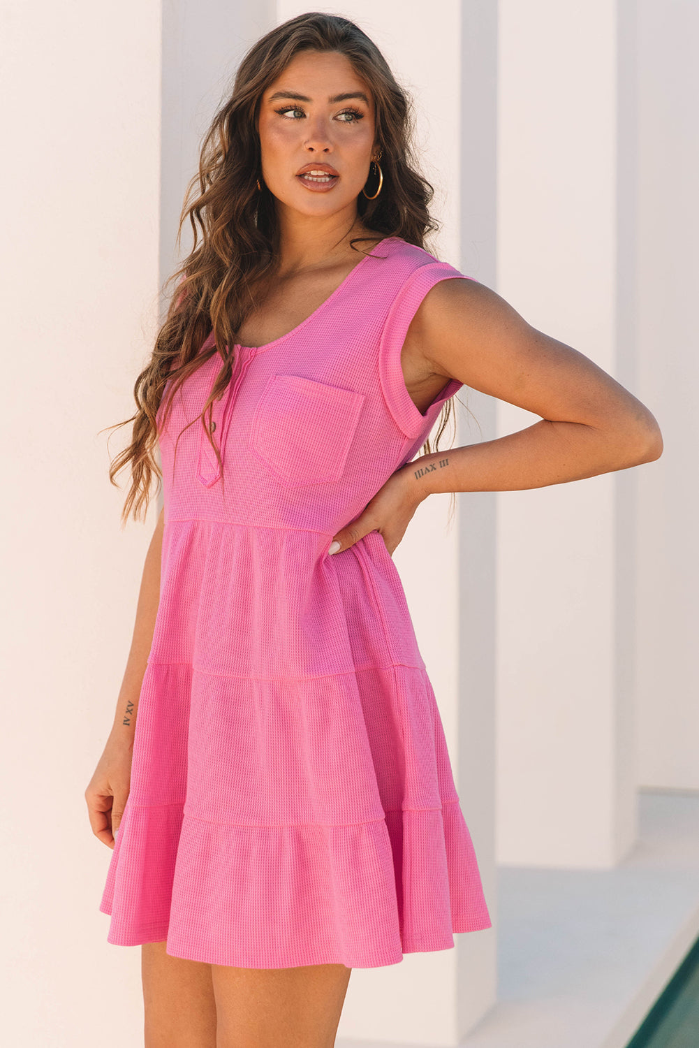 Cute Pink Waffle Textured A-line Tiered Sleeveless Dress