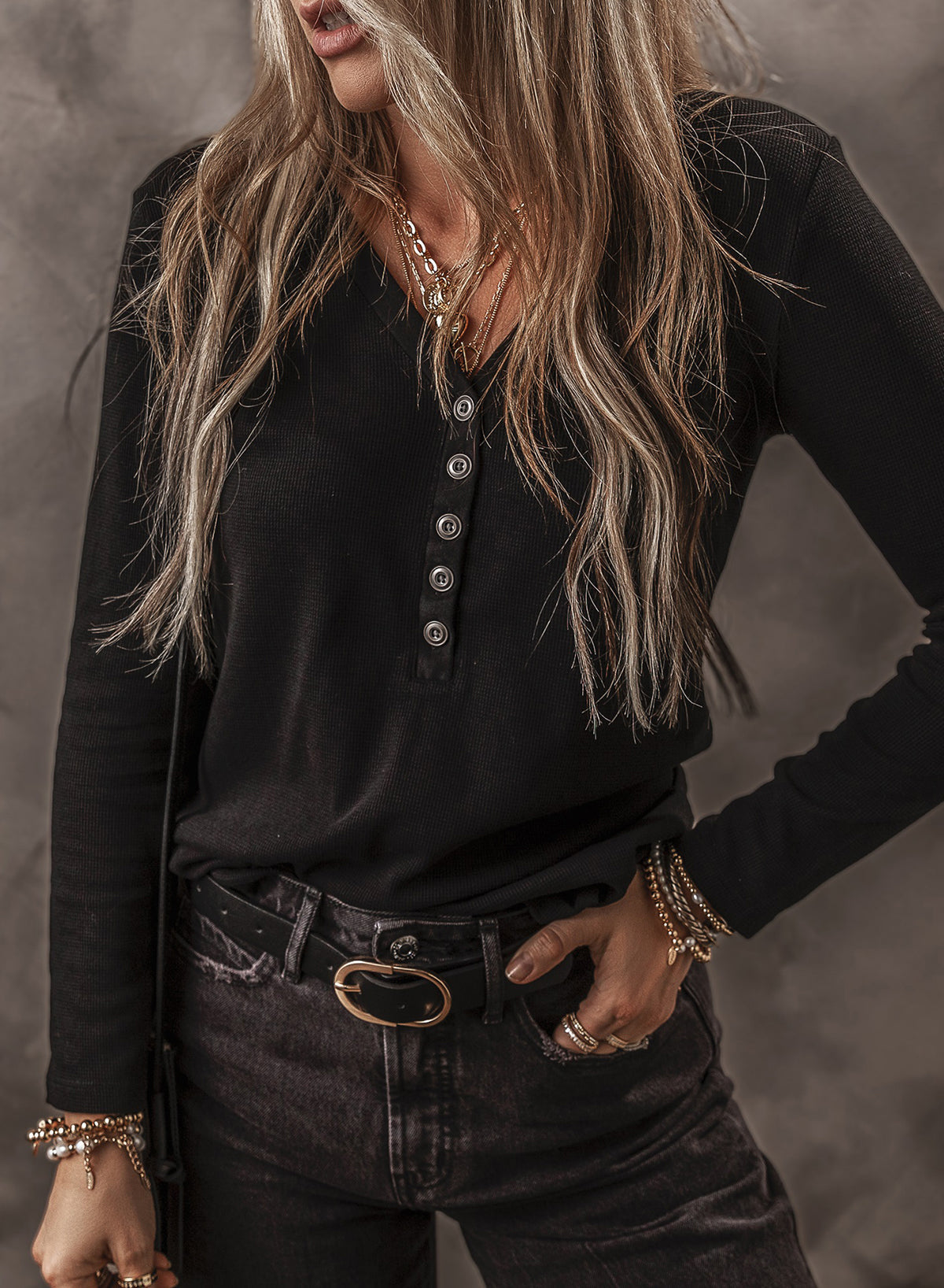 Women's Top Featuring Long-Sleeve Rib-Knitted Button-Front
