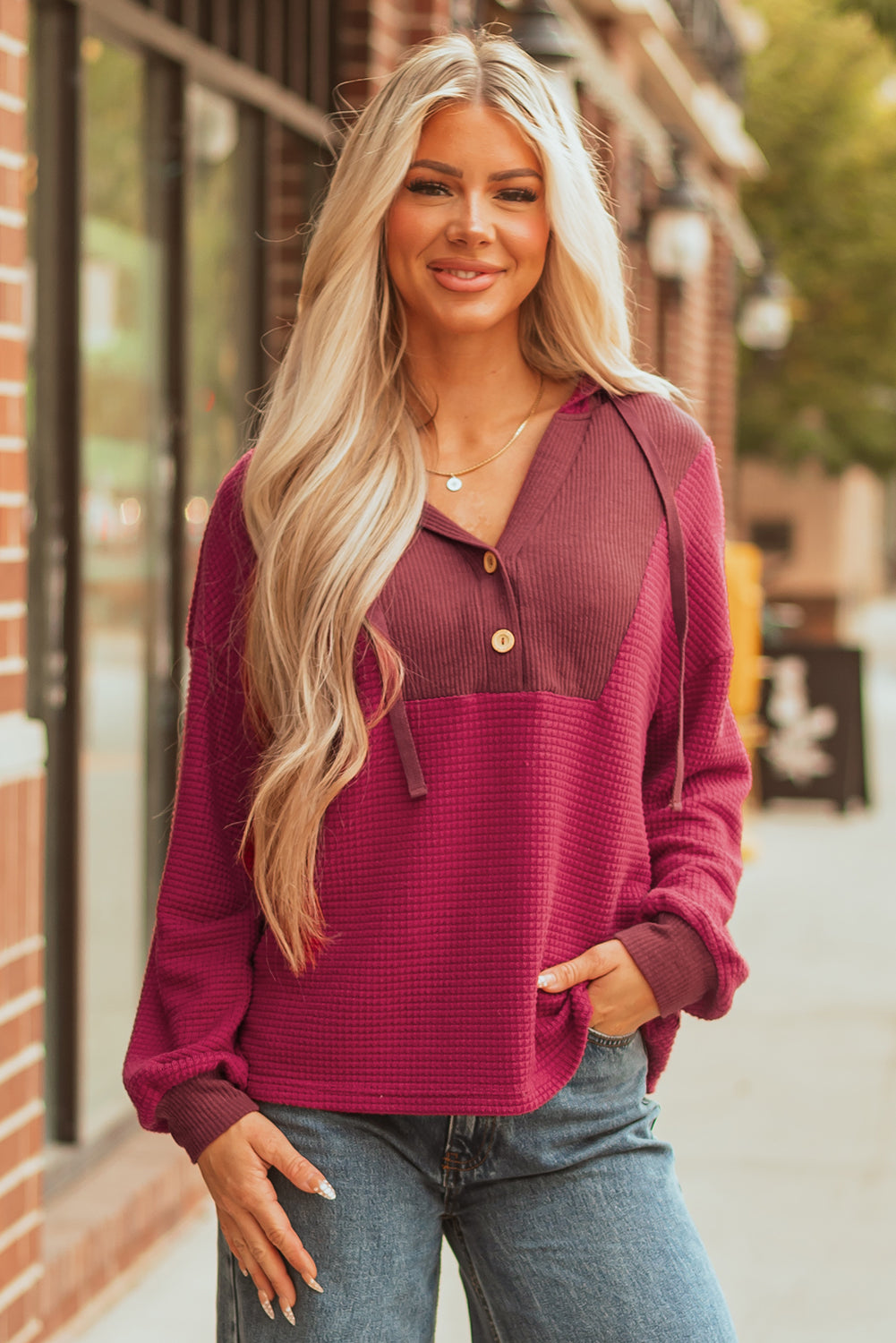 Patchwork Drop-Shoulder Waffle Drop-Shoulder Hooded Long-Sleeved Top in Red