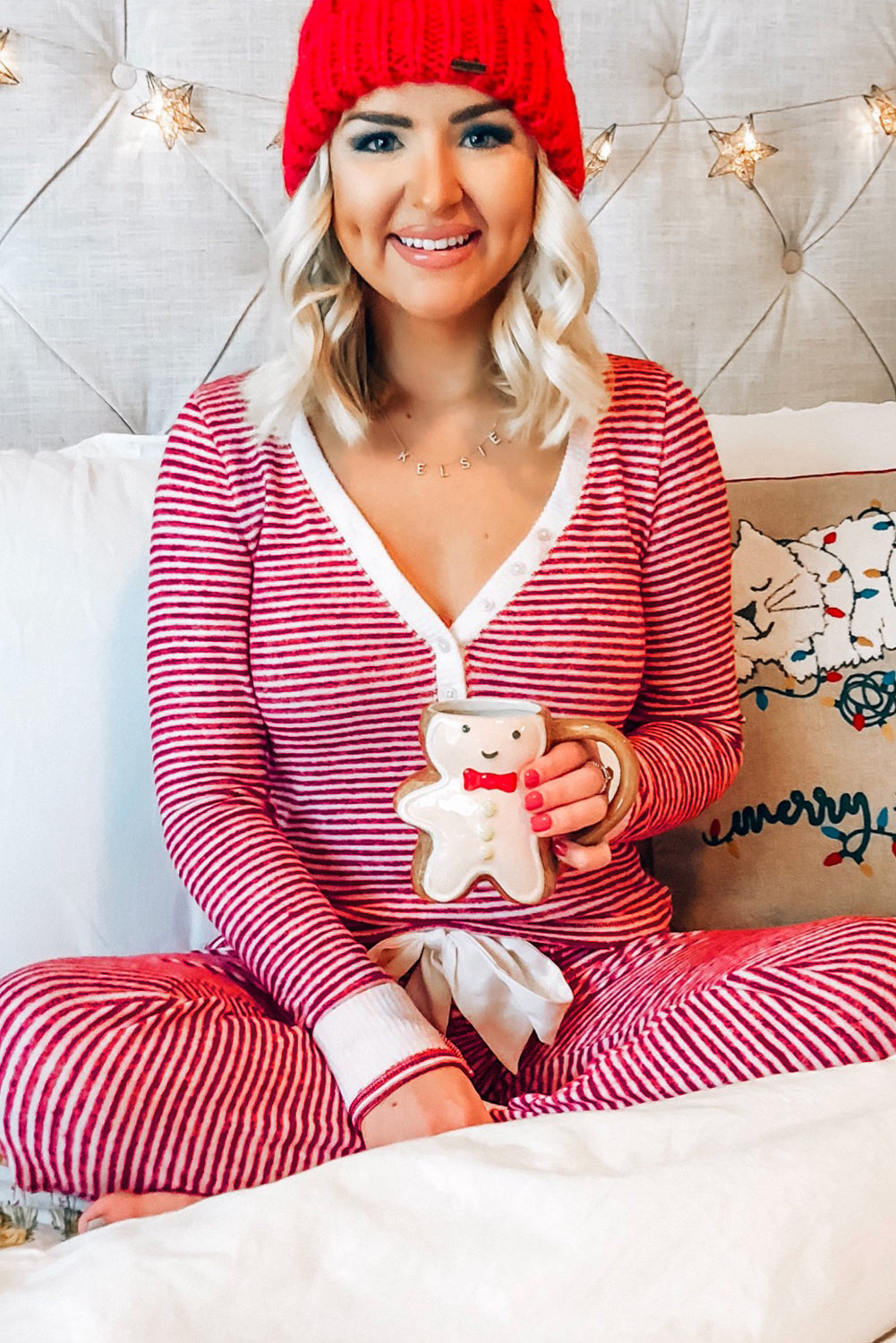 Button-Front V-Neck Top and Knotted Waist Pants Lounge Set