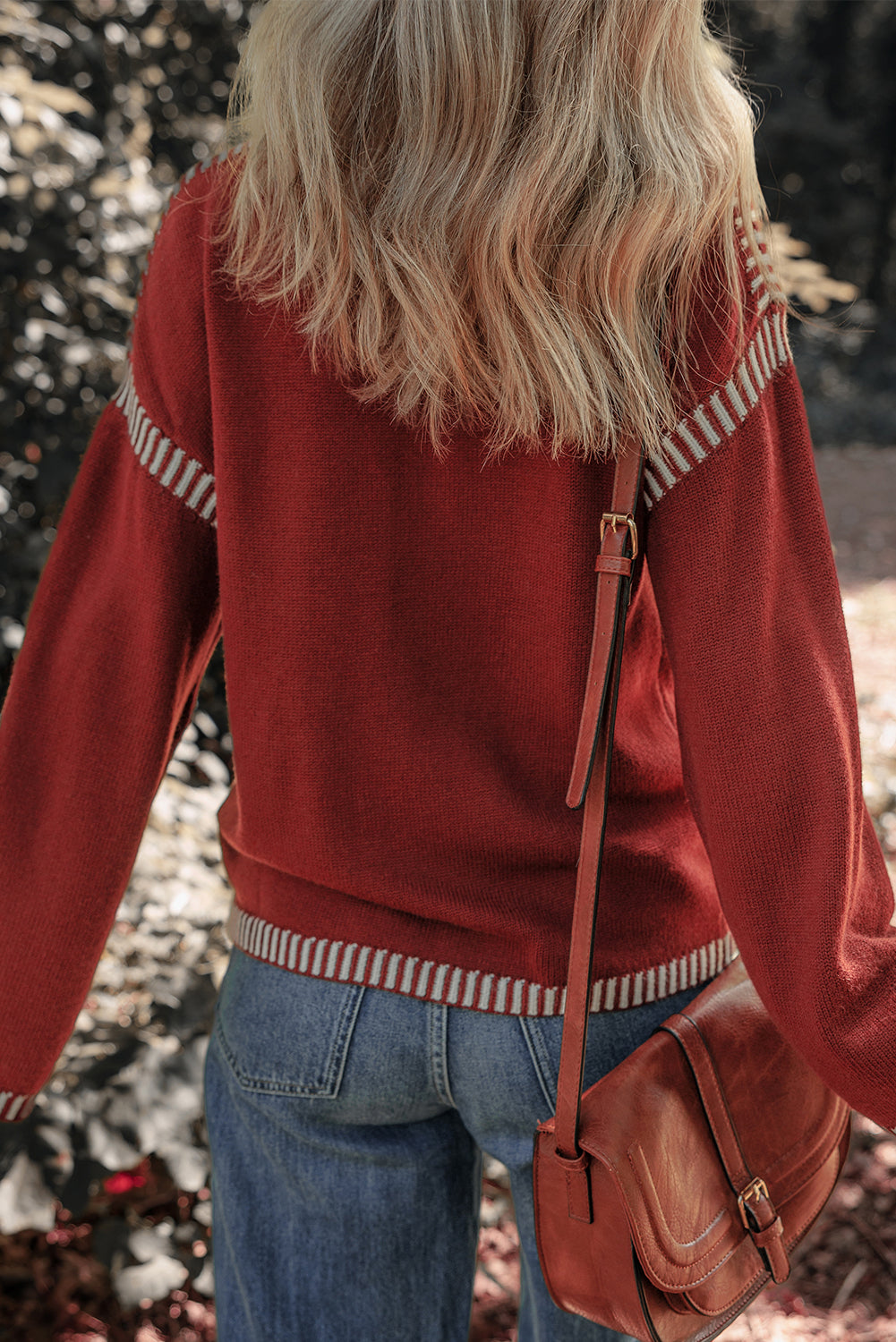 Color Contrast Trim Drop-Shoulder Crew-Neck Knit Top