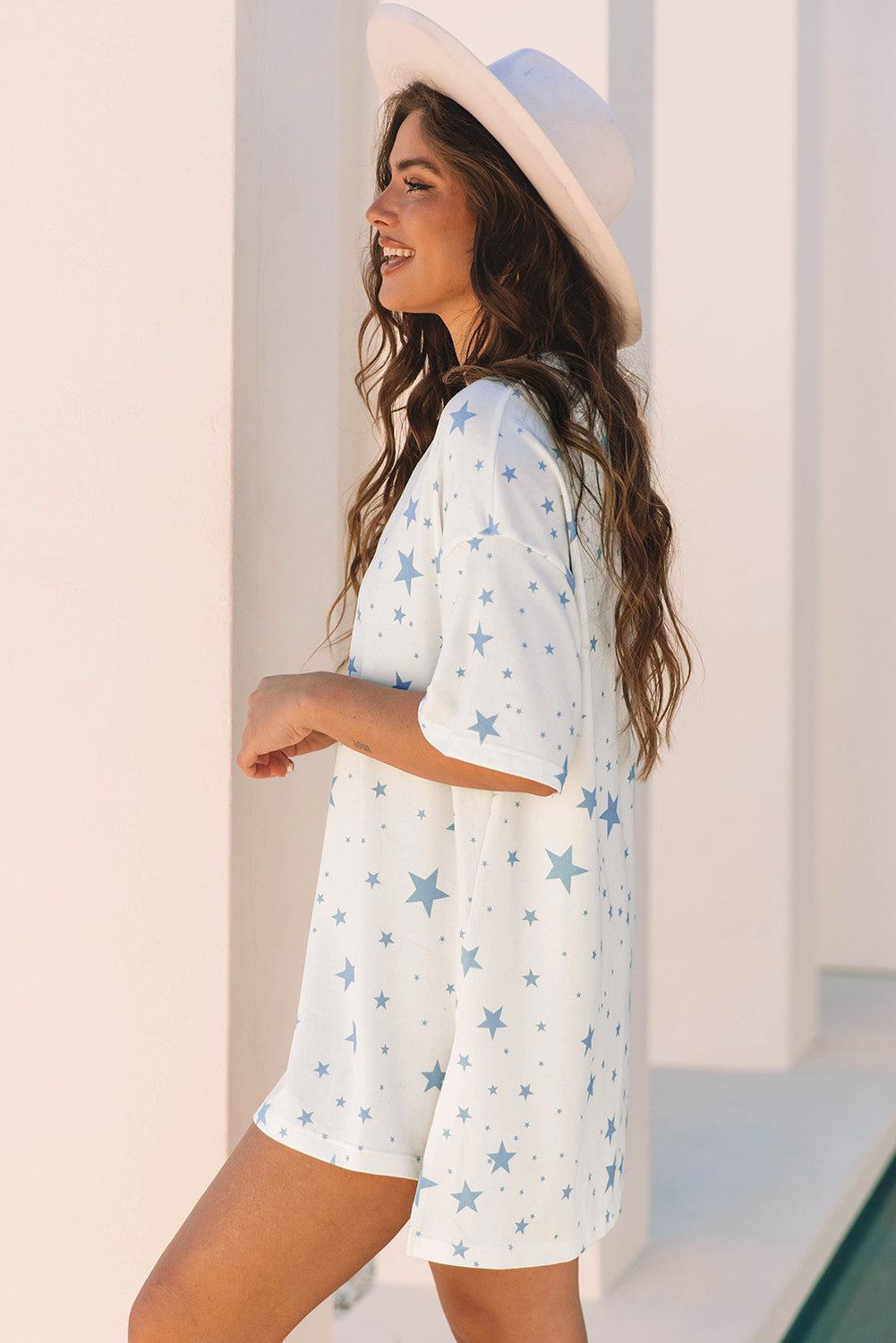 Stars Print Drop-Shoulder Roomy T Shirt with Slits