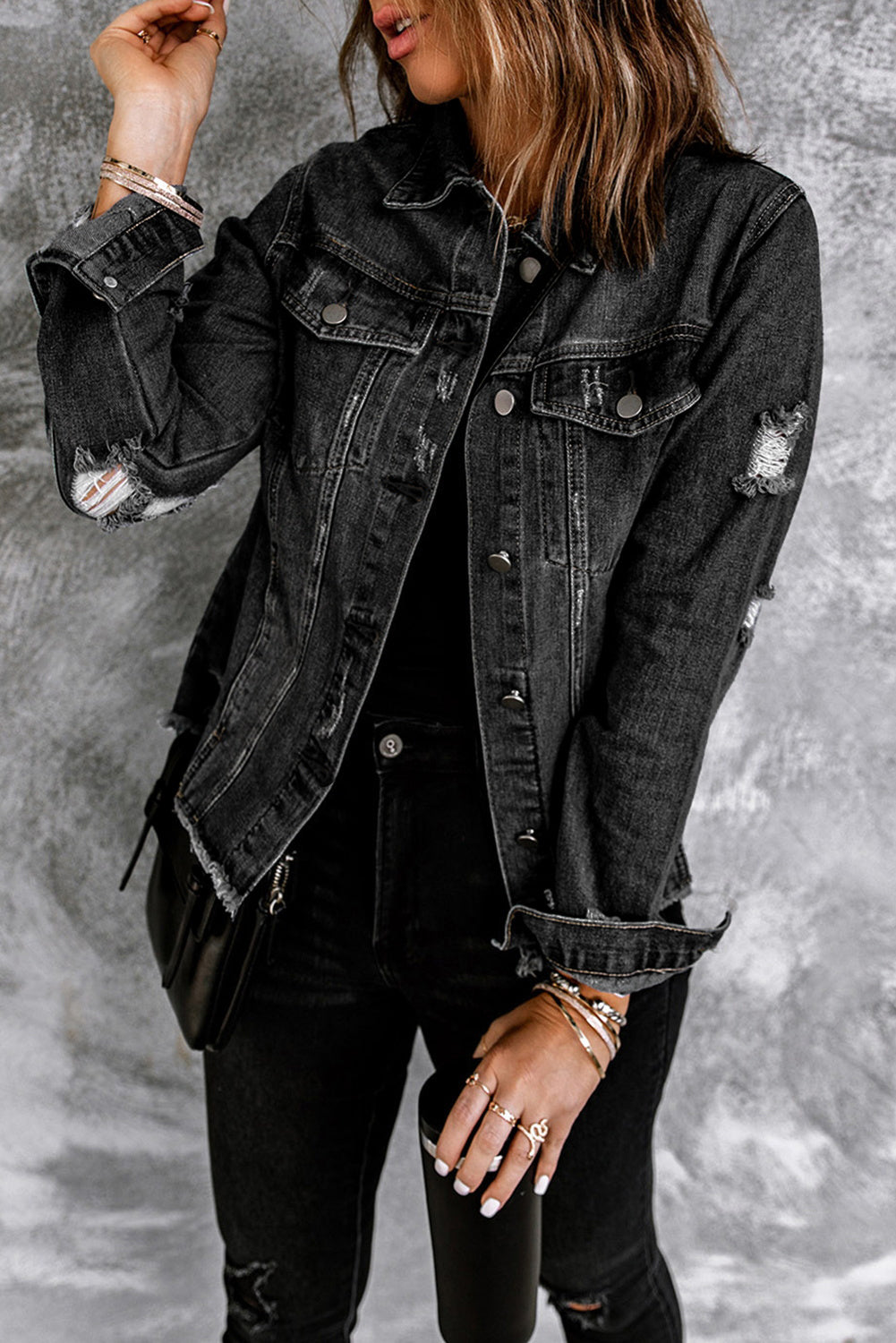 Lapel Hem Distressed Raw Buttons Denim Jacket