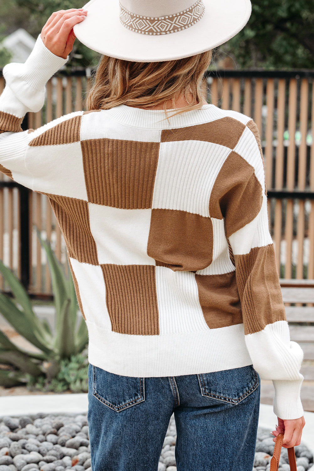 Pattern Rib-Knit Checkered Rib-Knit Detail Button V-Neck Cardigan Knit Top