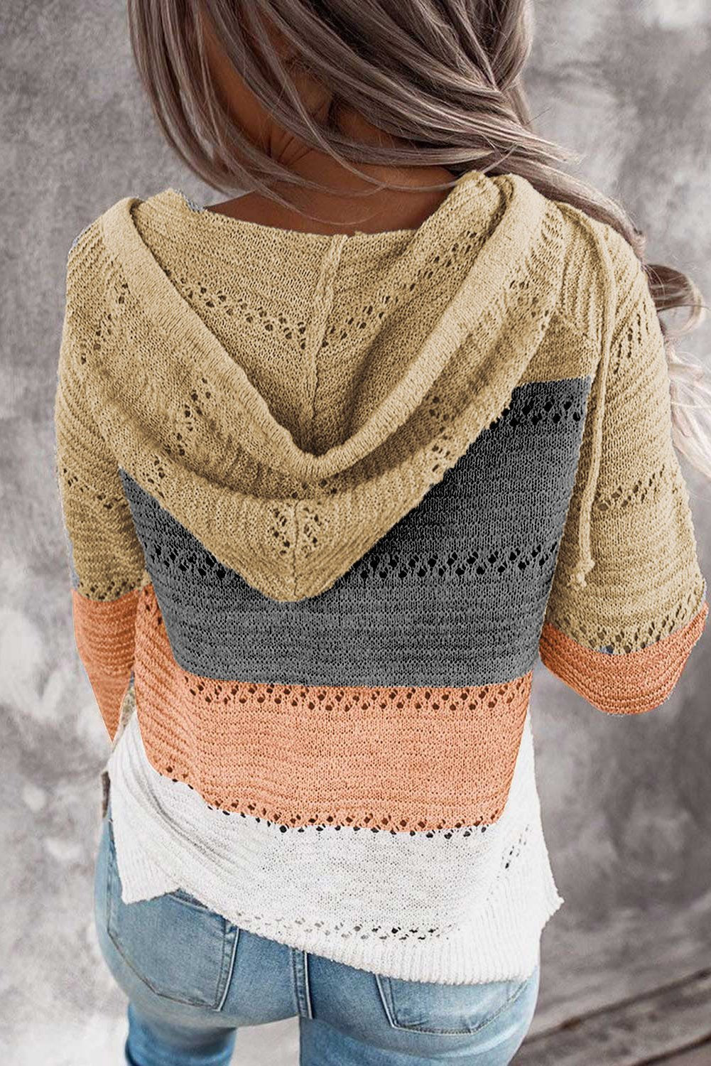 Women's Womens Multicolor Zipped Front Color-Block Hollow-out Knitted Hoodie