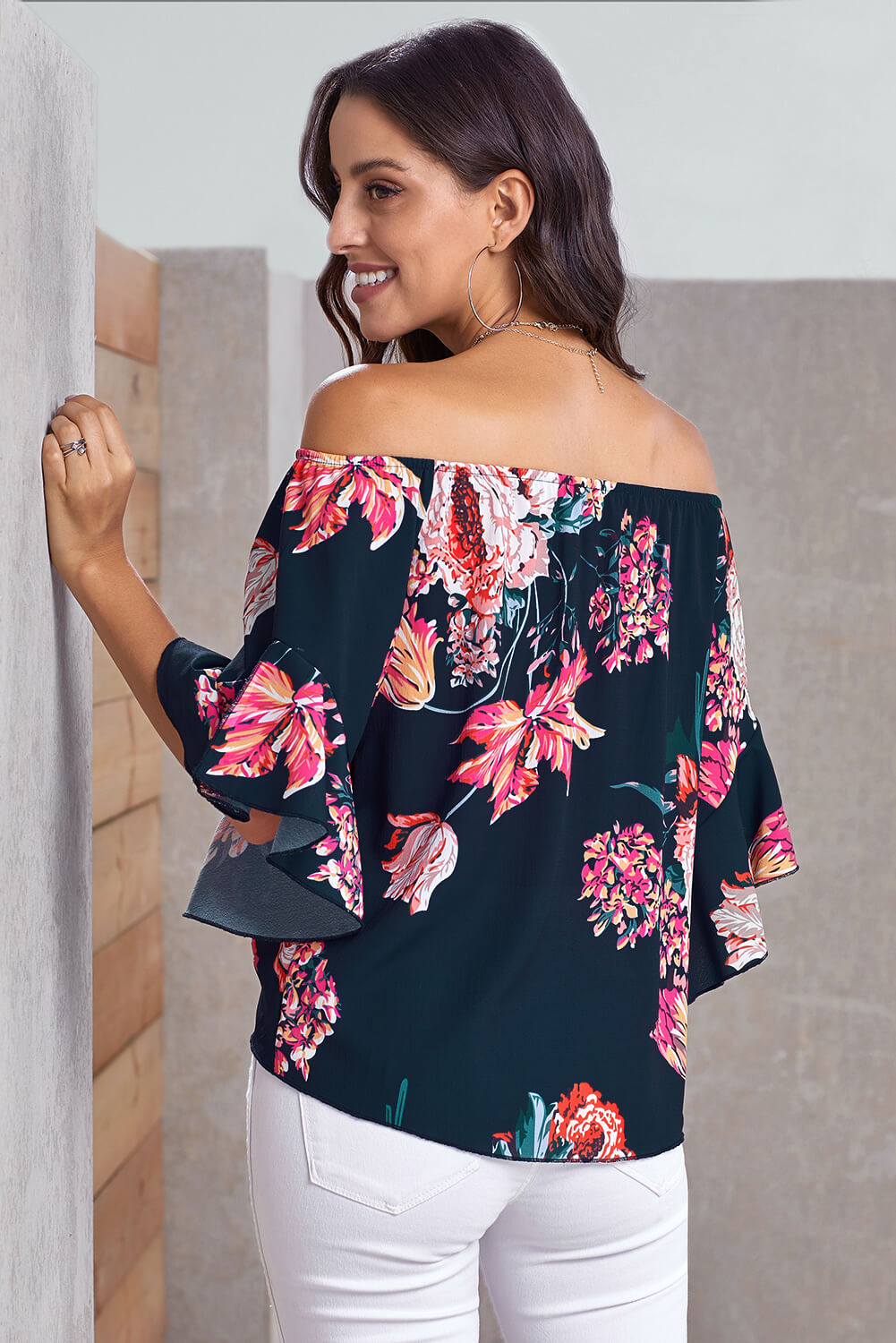Women's Floral-Print Tie Front High Low Chiffon Navy Off Shoulder Blouse