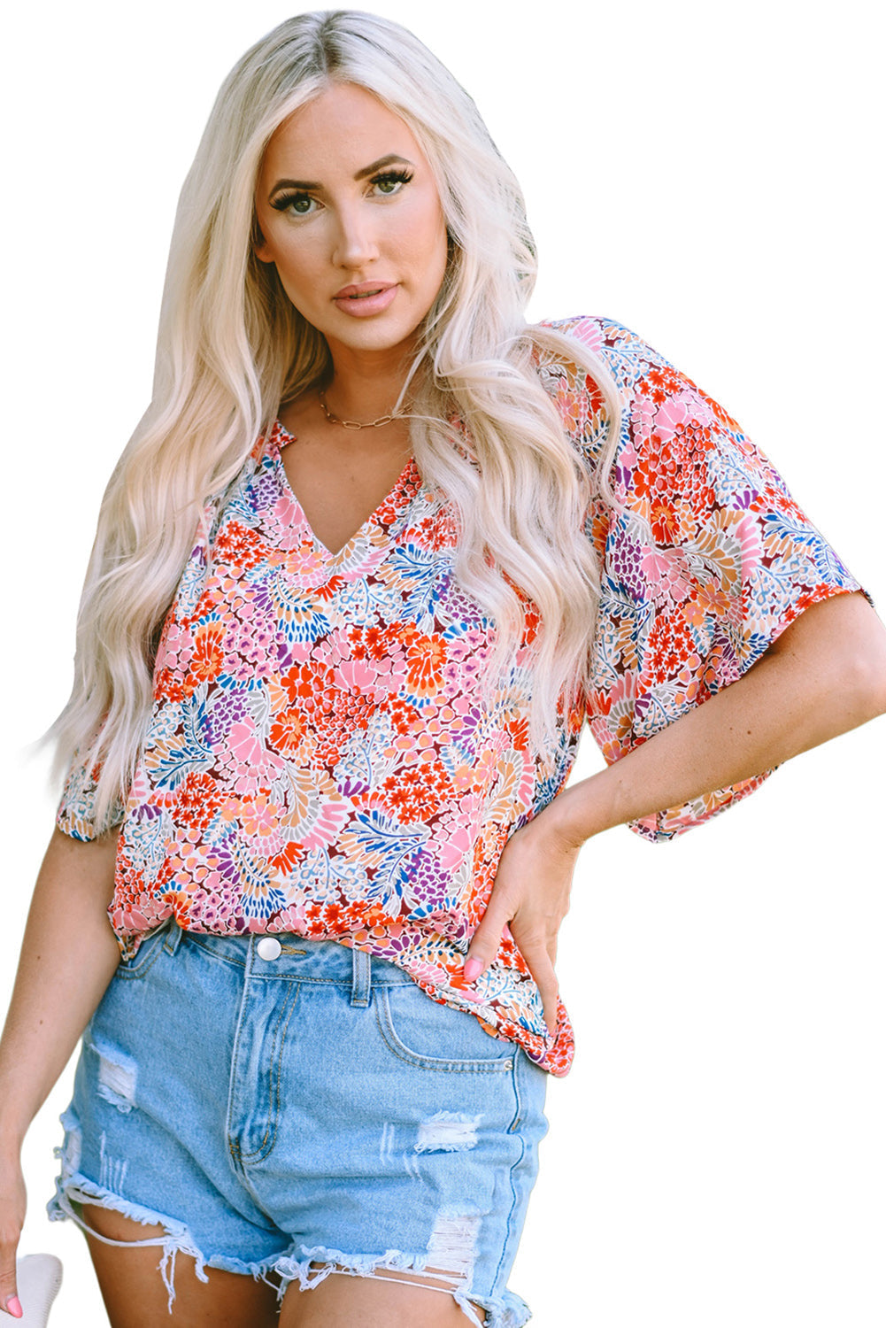 Blouse for Women Gorgeous Floral-Print Notch V Neck