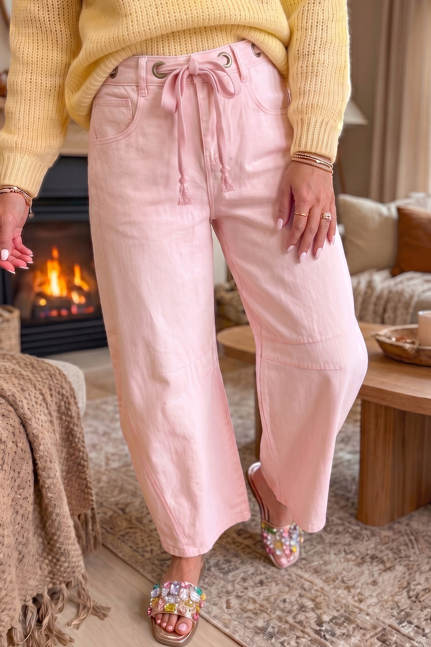 Grommet Detail Solid Detail Knot Waist Barrel Jeans in Light Pink