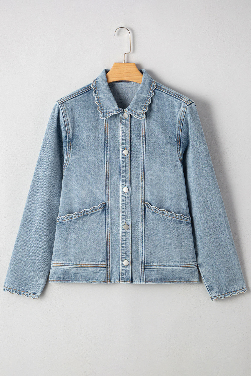 Scallop Patched Trim Collar Pocket Button-Front Denim Jacket