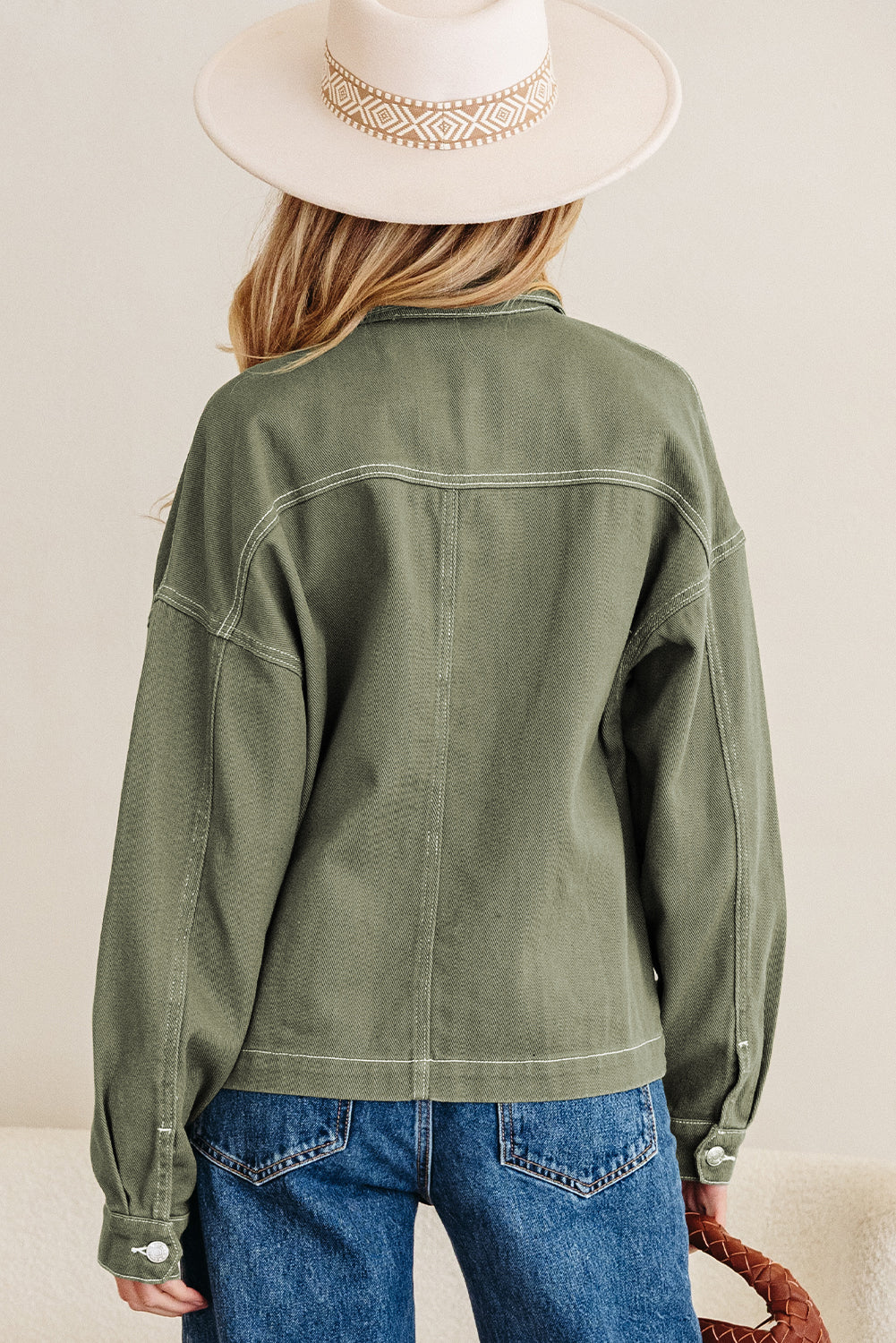 Collared Patched Pocket Button Front Boyfriend Denim Jacket
