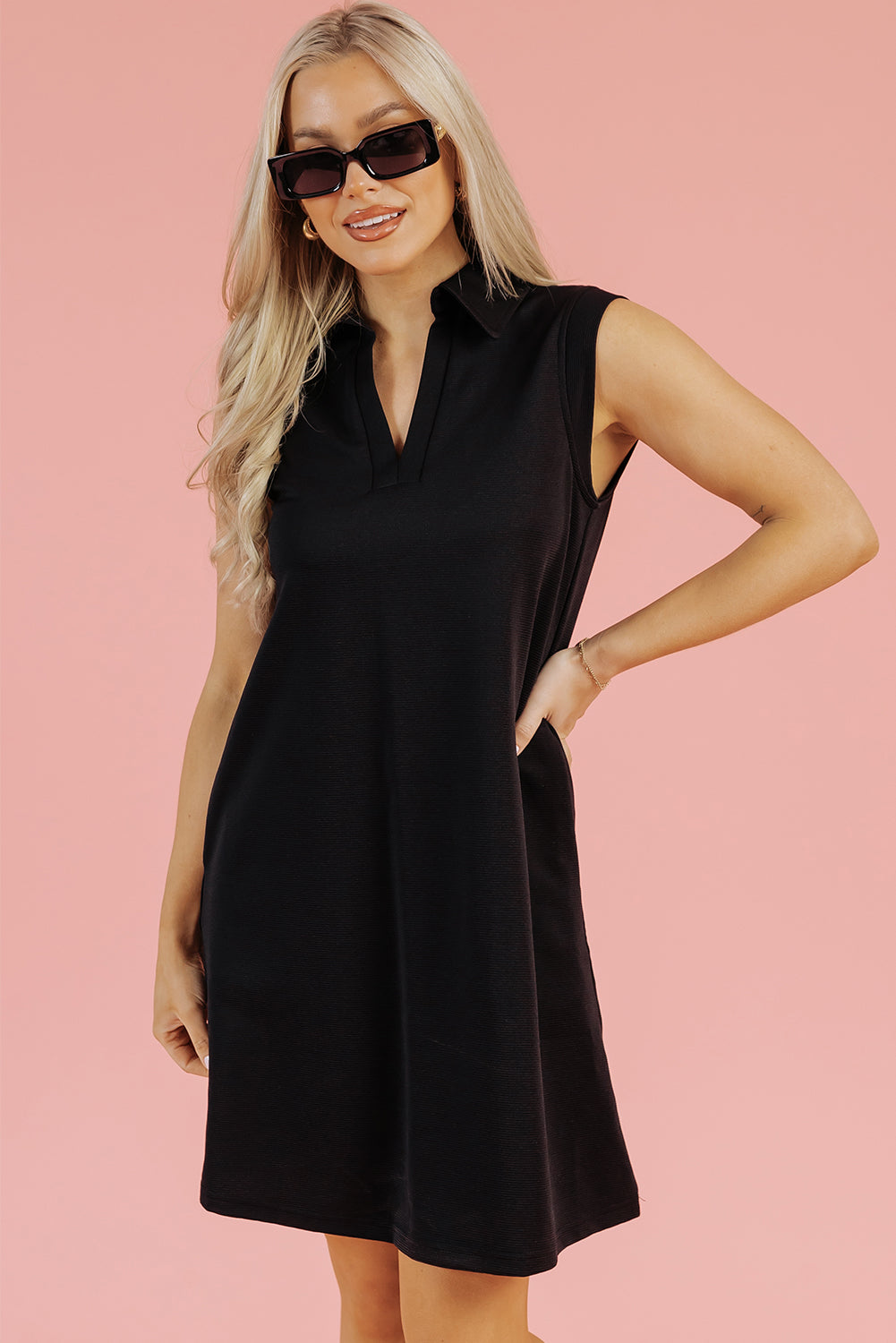 Black Collared Slit Neck Sleeveless Mini Dress