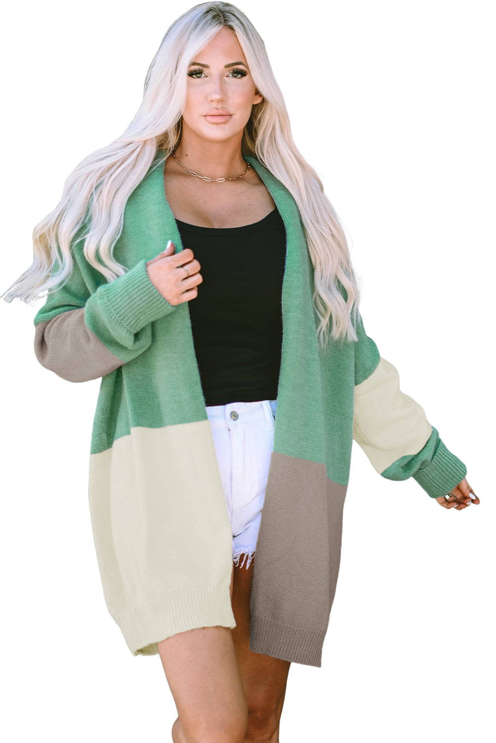 Cardigan épais drapé color block ouvert sur le devant