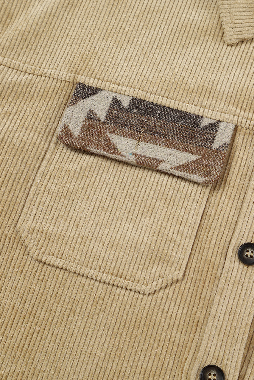 Women's Aztec-Pattern Patchwork Frayed Edge Khaki Cord Jacket