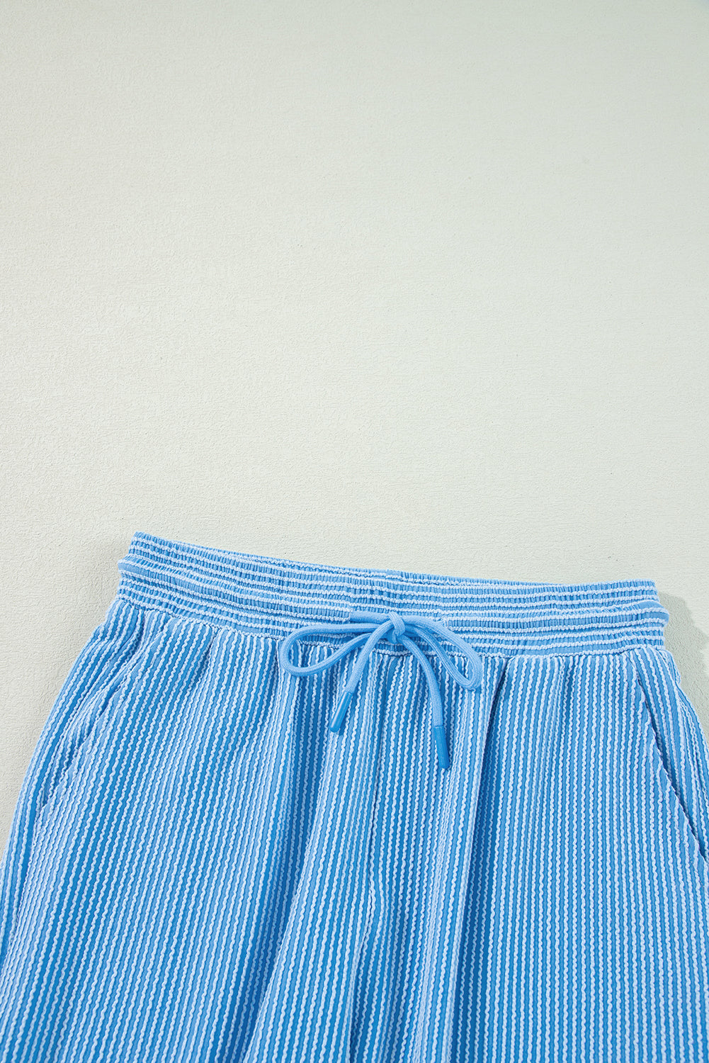 Knit Solid Corded Short-Sleeved T Shirt and Wide-Leg Pants Set in Blue