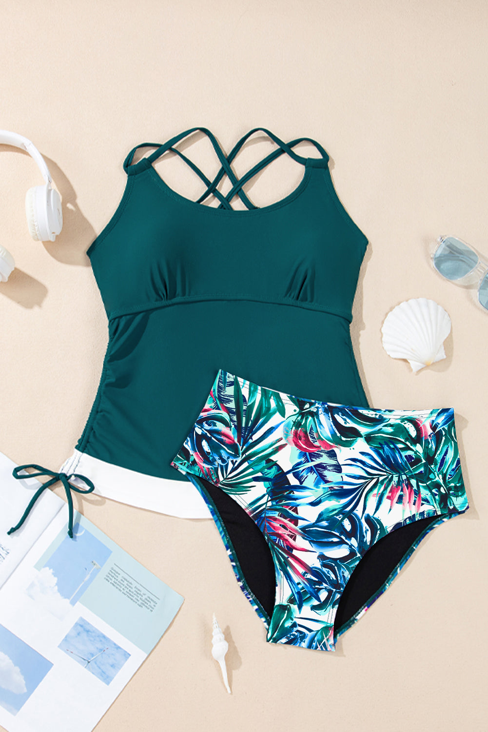 Drawstring Tummy Control Mix-and-match 2pcs Tankini Swimsuit